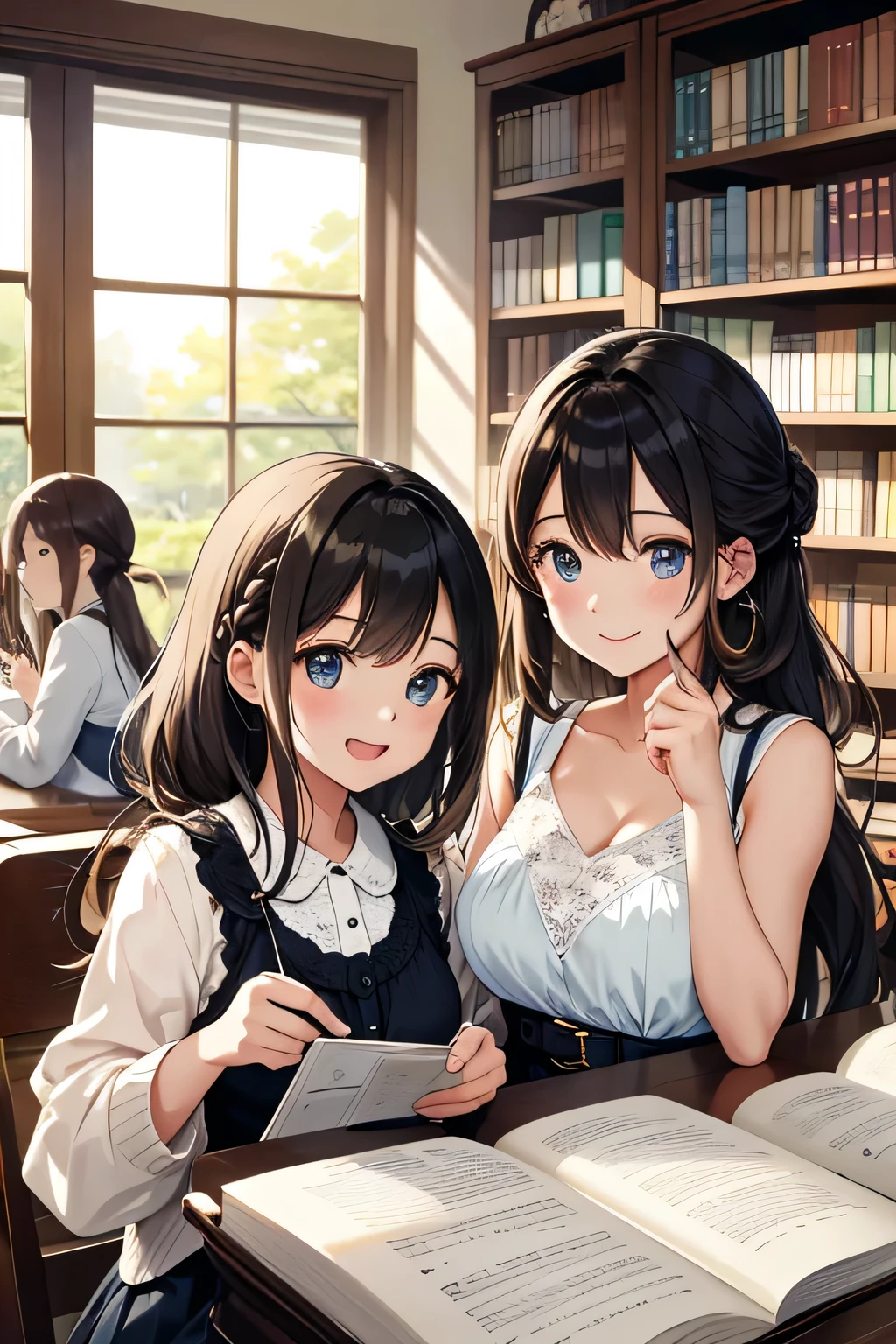 (highest quality:1.4)、(High resolution)、Detailed Background、(Beautiful face in every detail:1.4)、Anatomically correct、(Draw the usual number of fingers:1.2)、(Detailed facial expressions)、Beautiful, smooth skin、Girl in her twenties、(Huge breasts:1.2)、cute hair color、brown hair、Black Hair、ponytail、braided bob、Braided long hair、Realistic、Perfect body line、Calm atmosphere、Library Date、Elegant and cute、Feminine atmosphere、(Highly detailed face:1.4)、Cute gestures、(Show the upper body:1.2)、Looking at me with a big smile、Cowboy Shot、
(Two beautiful girls having a good time in the library:1.5)、
Visit the library with your partner or friends and find your favorite book、
Bring cute book covers and bookmarks and chat while choosing books.、Try reading together and have fun.、
It's also a good idea to take photos by a window or other cozy space in the library while you read.、
Try taking some cute photos with the library's beautiful architecture and bookshelves in the background.、
Using books and library props will add a cute touch to the atmosphere.、
🎁Sharing reading materials will also create a cute atmosphere.、
A situation where you can enjoy cute snacks at the library cafe or reading desk.、
cute cupcakes and macaroons、Bring a stylish teacup and enjoy your snack time.、
While strolling around the library with snacks、It's also nice to take cute photos.、
Choose a camisole with a colorful pattern or a bright color to create a refreshing summer look.、
Match wide pantake your feet look light and airy with sandals or slip-ons.、
Choose dresses with floral or lace detailark your waist with a belt or ribbon、Feminine silhouette、
Add some lightness to your feet with flats or sandals、
Wear a cute cardigan over a simple top、
Pair it with a midi-length flared or pleated skirt、
Pumps or shoes with heels will complete the look.、
Choose a jumpsuit with a loose fit、
Wear sneakers or white loafers for a casual and comfortable look.、
Long accessories and hats、cute
