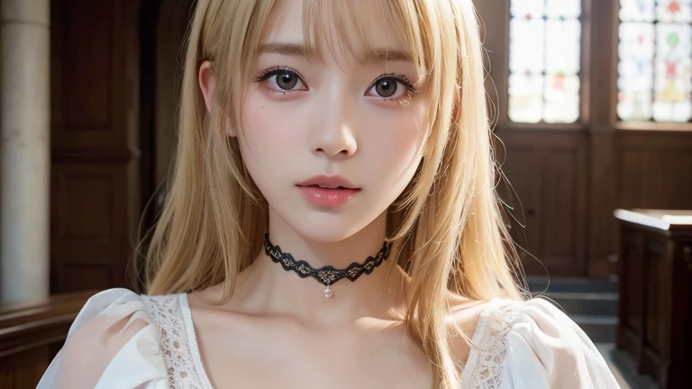 (long cut hair, Blonde Hair, bangs:1.2),(Wearing a choker, Wearing a blouse:1.2),1 girl,Japanese,28 years old,(Small breasts:1.3),(highest quality,masterpiece:1.3,超A high resolution,),(Ultra-detailed,Caustics),(Photorealistic:1.4,RAW shooting,)Ultra-Realistic Capture,Very detailed,High resolution 16K human skin close-up。 Natural skin texture、,Pores、、It needs to be detailed enough to be easily identifiable。 Skin should be even-toned and healthy looking。 Use natural light and colour, Sad expression, Looking at the camera, Perfect dynamic composition, Inside the church