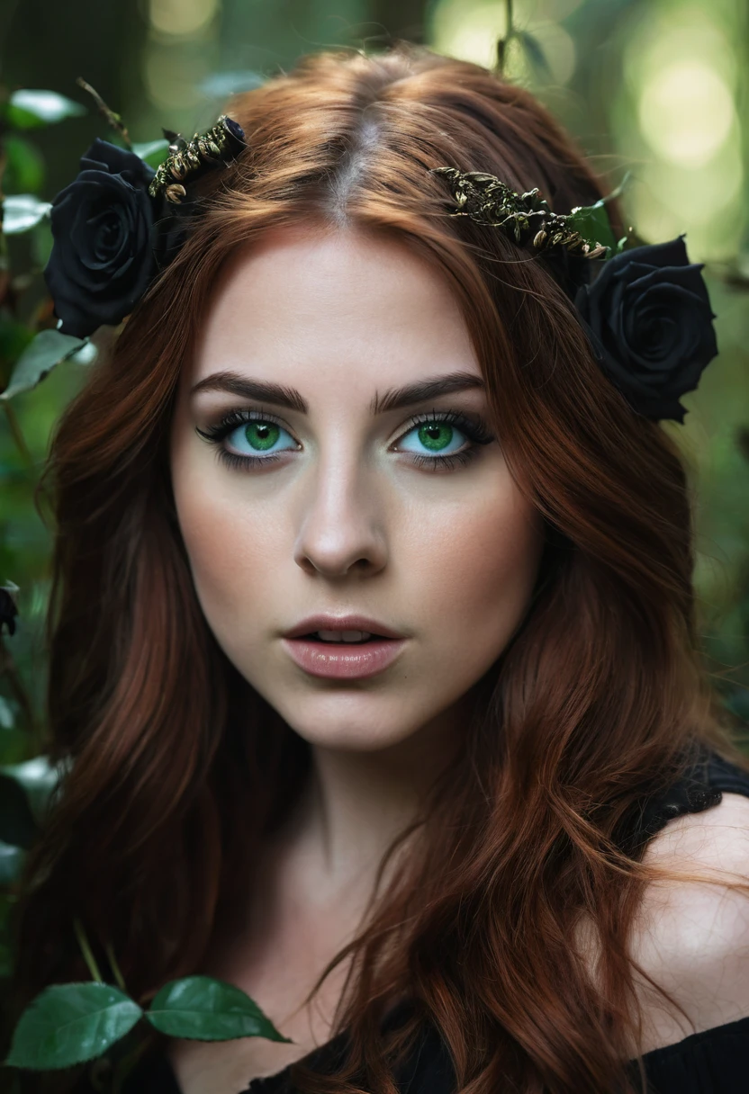 half body photo of a white girl in her 20s with auburn hair and small thin face and expressive green eyes making faces. Doing black magic with black roses in an enchanted forest. Shot at eye level with cinematic photography. Celebrity mashups, Ultra real 