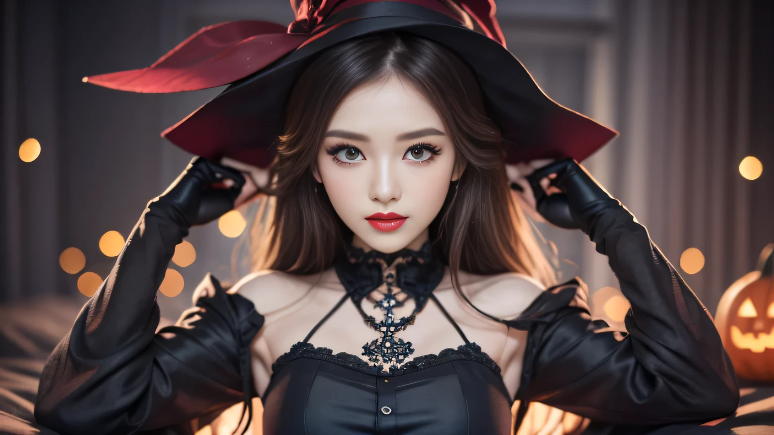 black hair, hair bobbles, wince, longeyelashes, solid circle eyes, light smile, ear blush, fang, Surrealism, drop shadow, anaglyph, stereogram, tachi-e, pov, atmospheric perspective, 8k, super detail, ccurate, best quality，Visible throughout the body，black boots，black。The Girl Magician。Ms. Alafia, wearing a black dress, stands in front of a row of carved pumpkins, halloween atmosphere, halloween night, in a halloween style, halloween theme, halloween art style, halloween, Terrible but charming, Beautiful witch spooky woman, Beautiful witch, halloween celebration, spooky halloween night, trick or treat, halloween scene, Beautiful witch, 