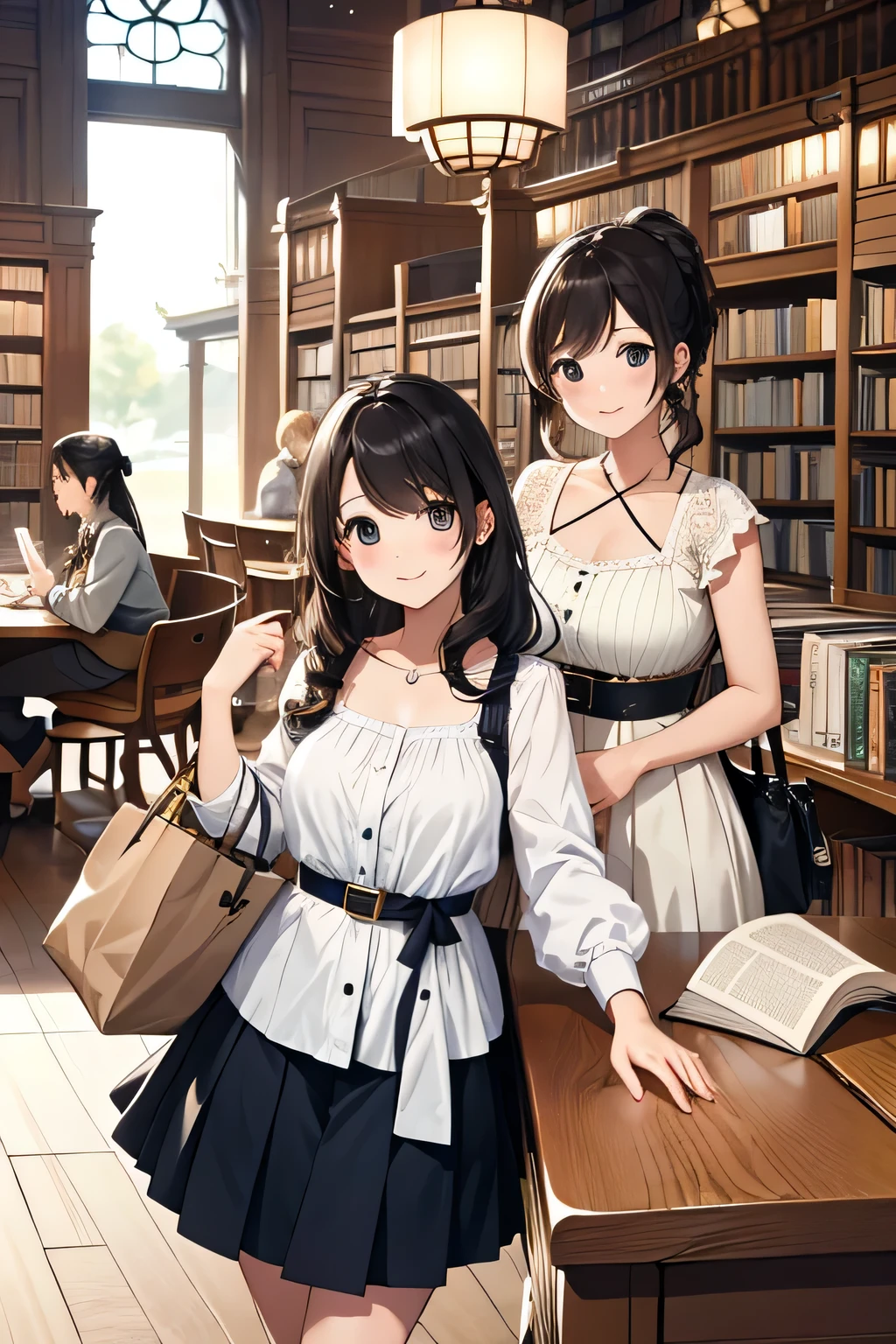 (highest quality:1.4)、(High resolution)、Detailed Background、(Beautiful face in every detail:1.4)、Anatomically correct、(Draw the usual number of fingers:1.2)、(Detailed facial expressions)、Beautiful, smooth skin、Girl in her twenties、(Huge breasts:1.2)、cute hair color、brown hair、Black Hair、ponytail、braided bob、Braided long hair、Realistic、Perfect body line、Calm atmosphere、Library Date、Elegant and cute、Feminine atmosphere、(Highly detailed face:1.4)、Cute gestures、(Show the upper body:1.2)、Looking at me with a big smile、Cowboy Shot、 

(Two beautiful girls having a good time in the library:1.5)、

Visit the library with your partner or friends and find your favorite book、
Bring cute book covers and bookmarks and chat while choosing books.、Try reading together and have fun.、
It&#39;s also a good idea to take photos by a window or other cozy space in the library while you read.、
Try taking some cute photos with the library&#39;s beautiful architecture and bookshelves in the background.、
Using books and library props will add a cute touch to the atmosphere.、
🎁Sharing reading materials will also create a cute atmosphere.、
A situation where you can enjoy cute snacks at the library cafe or reading desk.、
cute cupcakes and macaroons、Bring a stylish teacup and enjoy your snack time.、
While strolling around the library with snacks、It&#39;s also nice to take cute photos.、

Choose a camisole with a colorful pattern or a bright color to create a refreshing summer look.、
Match wide pantake your feet look light and airy with sandals or slip-ons.、
Choose dresses with floral or lace detailark your waist with a belt or ribbon、Feminine silhouette、
Add some lightness to your feet with flats or sandals、
Wear a cute cardigan over a simple top、
Pair it with a midi-length flared or pleated skirt、
Pumps or shoes with heels will complete the look.、
Choose a jumpsuit with a loose fit、
Wear sneakers or white loafers for a casual and comfortable look.、
Long accessories and hats、cute
