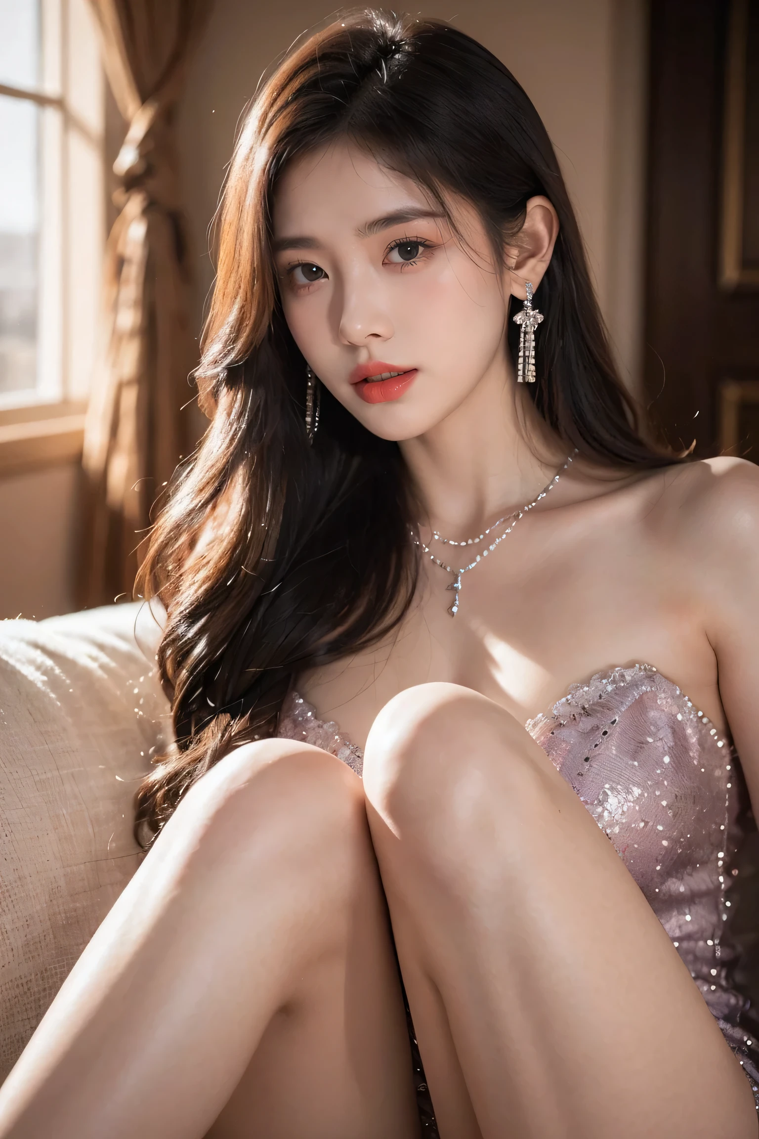 Top CG, Highest image quality, masterpiece, Gentle and beautiful girl, (185cm美女), (fit), Imperial sister, Queen temperament, White skin, ((Long legs)), perfect facial features, Bright Eyes, Seductive pose, Red lips, Beautiful and cold (A major breakthrough)), Beautiful and heroic, Soft and long hair, Glittering, Lace, net, Visible through clear skin, wear glasses, diamond earrings, ruby neckLace, (Purple evening dress), 8K Image Quality, (Realistic Portraits), Characters fill the screen, (Facial lighting), ((eternal)