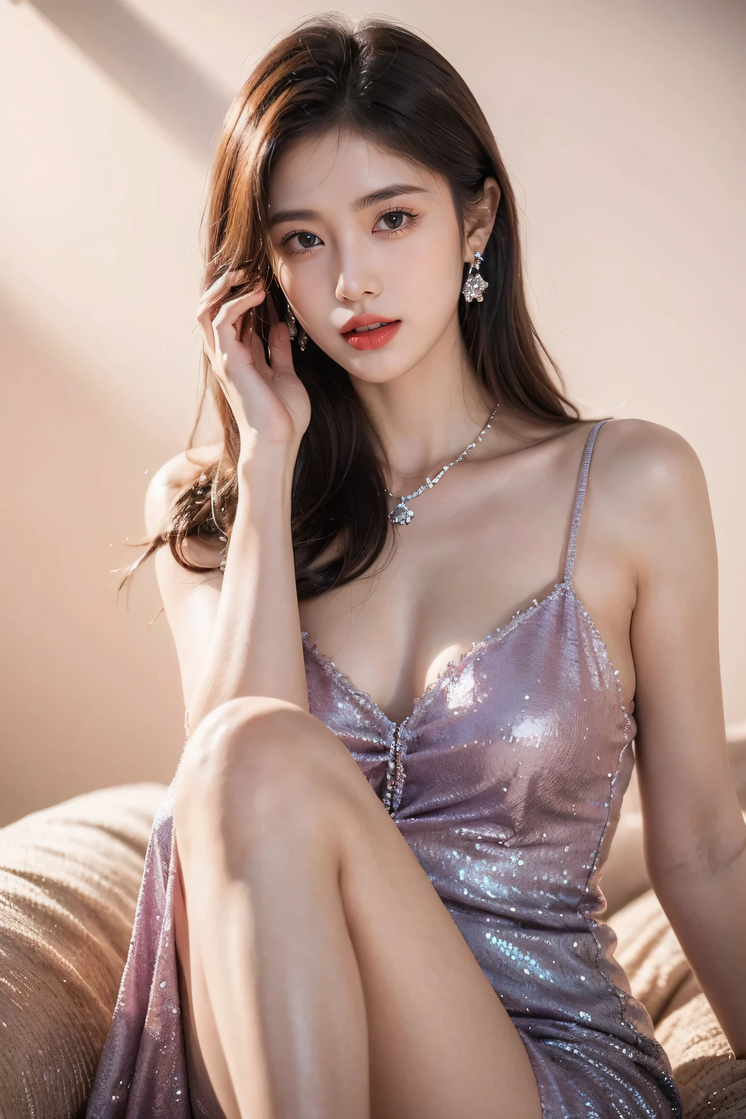 Top CG, Highest image quality, masterpiece, Gentle and beautiful girl, (185cm美女), (fit), Imperial sister, Queen temperament, White skin, ((Long legs)), perfect facial features, Bright Eyes, Seductive pose, Red lips, Beautiful and cold (A major breakthrough)), Beautiful and heroic, Soft and long hair, Glittering, Lace, net, Visible through clear skin, wear glasses, diamond earrings, ruby neckLace, (Purple evening dress), 8K Image Quality, (Realistic Portraits), Characters fill the screen, (Facial lighting), ((eternal)