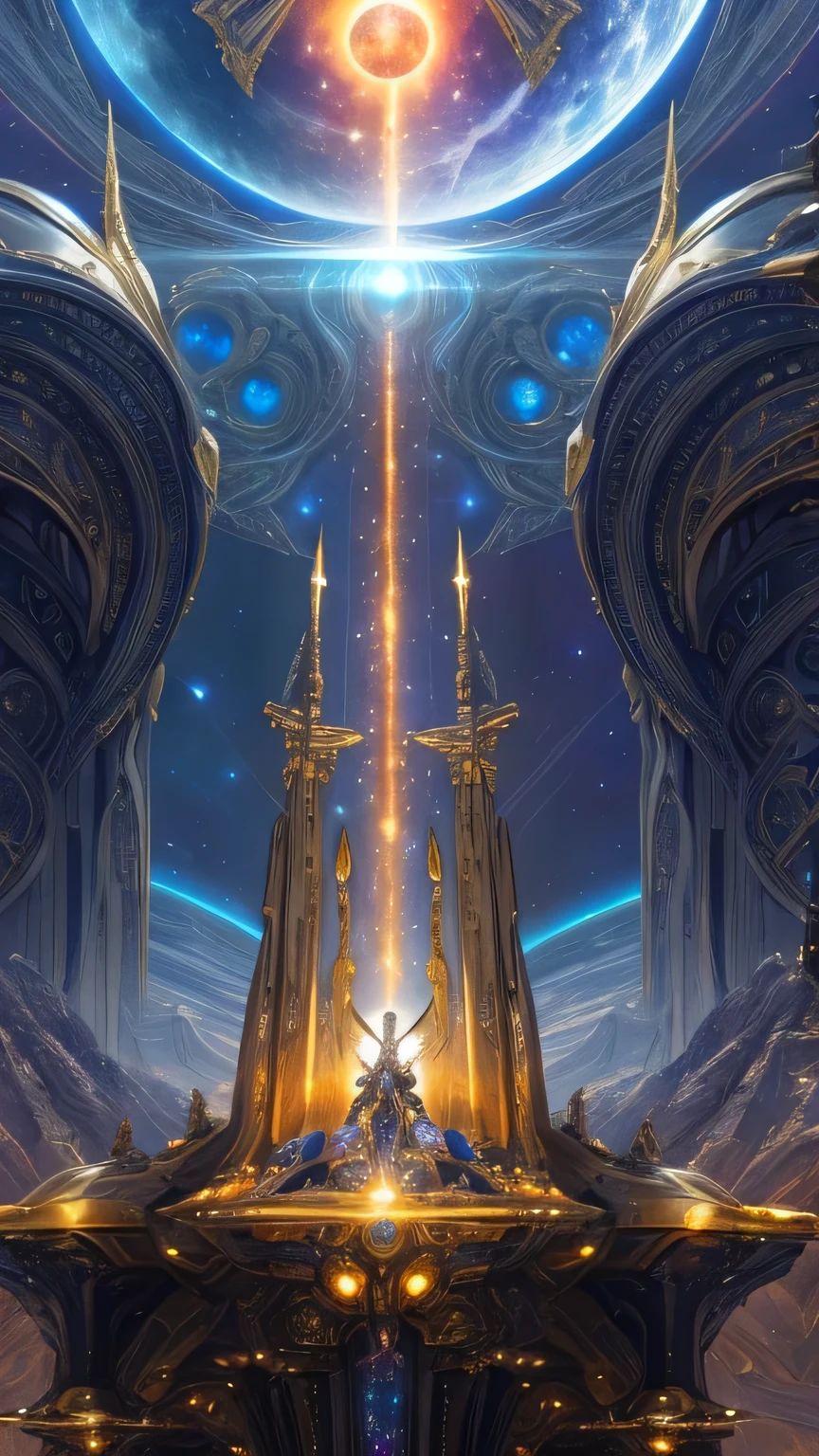 high council elders, silhoutte, seated,cosmic sky, space, galaxy,elaborate helmets,(best quality,4k,8k,highres,masterpiece:1.2),ultra-detailed,(realistic,photorealistic,photo-realistic:1.37),fantasy race,planet mercury,armor,detailed characters,golden city,wide shot,buildings,citadel,city rings,architecture,distinctive features,otherworldly landscape,futuristic elements,shiny metal armor,elaborate helmets,fantastical weapons,glimmering shields,breathtaking scenery,mysterious atmosphere,distant horizon,ethereal lighting,vibrant colors,celestial beings,dynamic poses,epic battle scene,otherworldly creatures,unearthly beings,magical energy,spellbinding aura,cosmic powers,mythical creatures,powerful guardians,sculpted muscles,fierce expressions,alien technology,advanced weaponry,interstellar travel,astral realm,ancient civilization,timeless beauty,mythological lore,grandiose temples,celestial bodies,starlit sky,intergalactic warriors,majestic structures,extraterrestrial artifacts