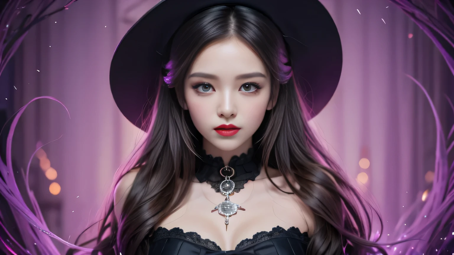 black hair, hair bobbles, wince, longeyelashes, solid circle eyes, light smile, ear blush, fang, Surrealism, drop shadow, anaglyph, stereogram, tachi-e, pov, atmospheric perspective, 8k, super detail, ccurate, best quality，Visible throughout the body，black boots，black。The Girl Magician。Ms. Alafia, wearing a black dress, stands in front of a row of carved pumpkins, halloween atmosphere, halloween night, in a halloween style, halloween theme, halloween art style, halloween, Terrible but charming, Beautiful witch spooky woman, Beautiful witch, halloween celebration, spooky halloween night, trick or treat, halloween scene, Beautiful witch, 