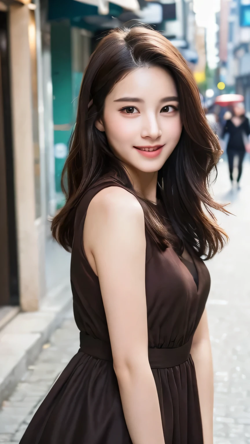 ((best quality, 8k, masterpiece :1.3)), 1 Girl, Smile, whole body, Thin face, pretty Woman, (Dark brown hair), Long Dress :1.1, Ultra-fine face, Delicate eyes, double eyelids, Blurred Background, Thin face, City, external, street,