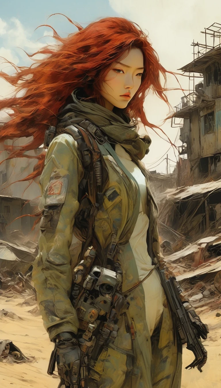 UHD, masterpiece, textured skin, high details, high quality, award winning, best quality, highres, 16k, Science fiction film,full of fantasyfantastical ideas,by van gogh,Big roundspaceship,Doomsday, wasteland style,hd,8k
in style of Alice Pasquini,Post-apocalyptic wasteland,(In the doomsday world, the extremely beautiful and powerful heroine is holding a gun),Mecha Clothing,Extra long red hair,Beautiful Asian face,, mechanical, Glass mask passes light through, Delicate skin texture, Determined gaze,It's the scorching sun and strong wind,Yellow sand rolling,The broken eaves and broken walls are everywhere, and the scene is desolate.。In a post-apocalyptic environment,Regardless of appearance or practicality,Everything is for survival,Exaggeration in appearance,Can make enemies feel fear。Many items are basically worn out.,Rust,The form of splicing,Add splash graffiti to create the environment of a wasteland world。Elements such as neon lights will often appear in Post-apocalyptic wasteland。The most important point is that the wasteland world is a world after the collapse of technological civilization.,Productivity setbacks,Material resources are extremely scarce,