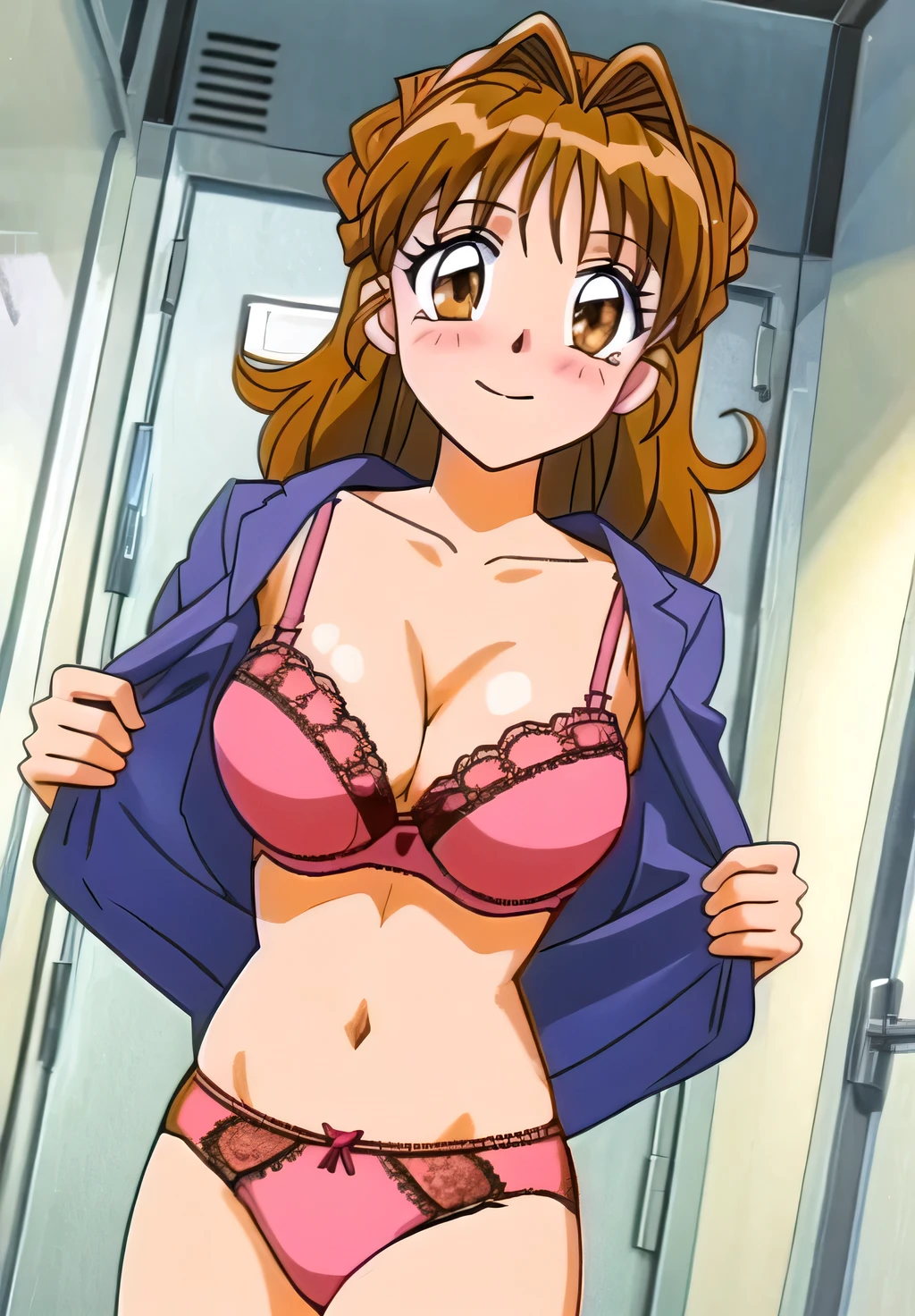 Maron,(((Lace Underwear))),(((pink lace bra))),pupil_Brown,blush,Embarrassing,smile,((locker room)),Maron_Change clothes,masterpiece, expensive quality, very_expensive_solve, big_file size, Full Color,