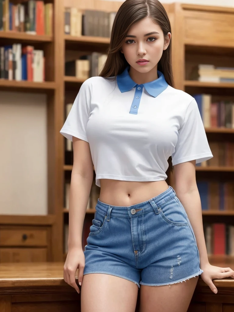 Best quality, Masterpiece, Ultra-high resolution, RAW photo, (Photorealistic:1.4), 1girll, Detailed face, Cowboy shot, In (White shirt with blue collar, Blue sport shorts),Large breasts,Unbuttoned clothes,cleavage,(Narrow waist:1.2), Long hair, In the library, Bokeh, Beautiful lighting, model posing,