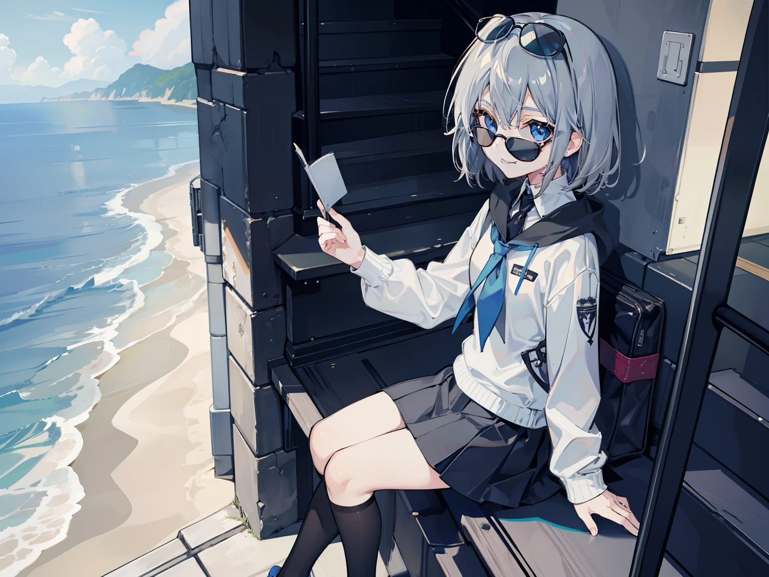 Tabletop,Very detailed,1 girl,alone,Gray Hair,blue eyes,,sunglasses,Black socks,青いsunglasses、Perch on a few flights of stairs、Rebelliously、Blue motif、smile