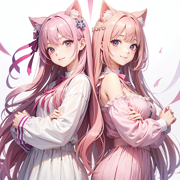 ((masterpiece))) whole body, whole body Shot (One Girl) ((Pink Hair, Long Hair, Straight hair, Both sides up))), Cat with pink ribbon、Pink Hair、Pink Eyes、White clothes、smile、Happy,masterpiece, highest quality, Girly style, Official Art, 8k wallpaper