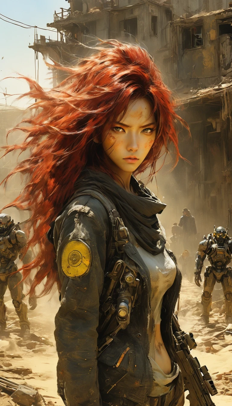 Post-apocalyptic wasteland，（In the doomsday world, the extremely beautiful and powerful heroine is holding a gun），Mecha Clothing，Extra long red hair，Beautiful Asian face，, mechanical, Glass mask passes light through, Delicate skin texture, Determined gaze，It&#39;s the scorching sun and strong wind，Yellow sand rolling，The broken eaves and broken walls are everywhere, and the scene is desolate.。In a post-apocalyptic environment，Regardless of appearance or practicality，Everything is for survival，Exaggeration in appearance，Can make enemies feel fear。Many items are basically worn out.，Rust，The form of splicing，Add splash graffiti to create the environment of a wasteland world。Elements such as neon lights will often appear in Post-apocalyptic wasteland。The most important point is that the wasteland world is a world after the collapse of technological civilization.，Productivity setbacks，Material resources are extremely scarce，UHD, masterpiece, textured skin, high details, high quality, award winning, best quality, highres, 16k， in style of Alice Pasquini， Science fiction film,full of fantasyfantastical ideas,by van gogh,Big roundspaceship,Doomsday, wasteland style,hd,8k