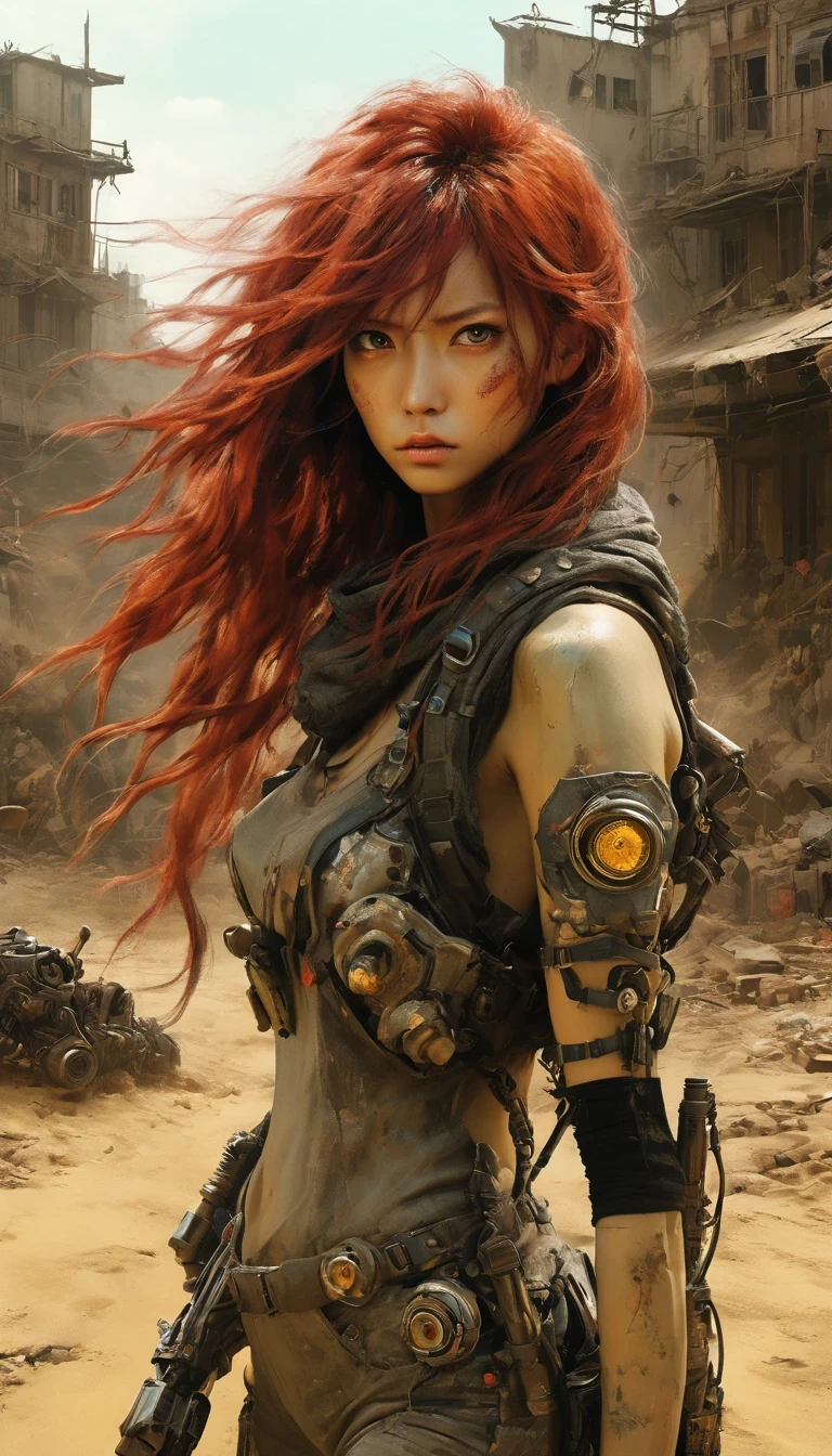 Post-apocalyptic wasteland,(In the doomsday world, the extremely beautiful and powerful heroine is holding a gun),Mecha Clothing,Extra long red hair,Beautiful Asian face,, mechanical, Glass mask passes light through, Delicate skin texture, Determined gaze,It's the scorching sun and strong wind,Yellow sand rolling,The broken eaves and broken walls are everywhere, and the scene is desolate.。In a post-apocalyptic environment,Regardless of appearance or practicality,Everything is for survival,Exaggeration in appearance,Can make enemies feel fear。Many items are basically worn out.,Rust,The form of splicing,Add splash graffiti to create the environment of a wasteland world。Elements such as neon lights will often appear in Post-apocalyptic wasteland。The most important point is that the wasteland world is a world after the collapse of technological civilization.,Productivity setbacks,Material resources are extremely scarce,UHD, masterpiece, textured skin, high details, high quality, award winning, best quality, highres, 16k, in style of Alice Pasquini, Science fiction film,full of fantasyfantastical ideas,by van gogh,Big roundspaceship,Doomsday, wasteland style,hd,8k