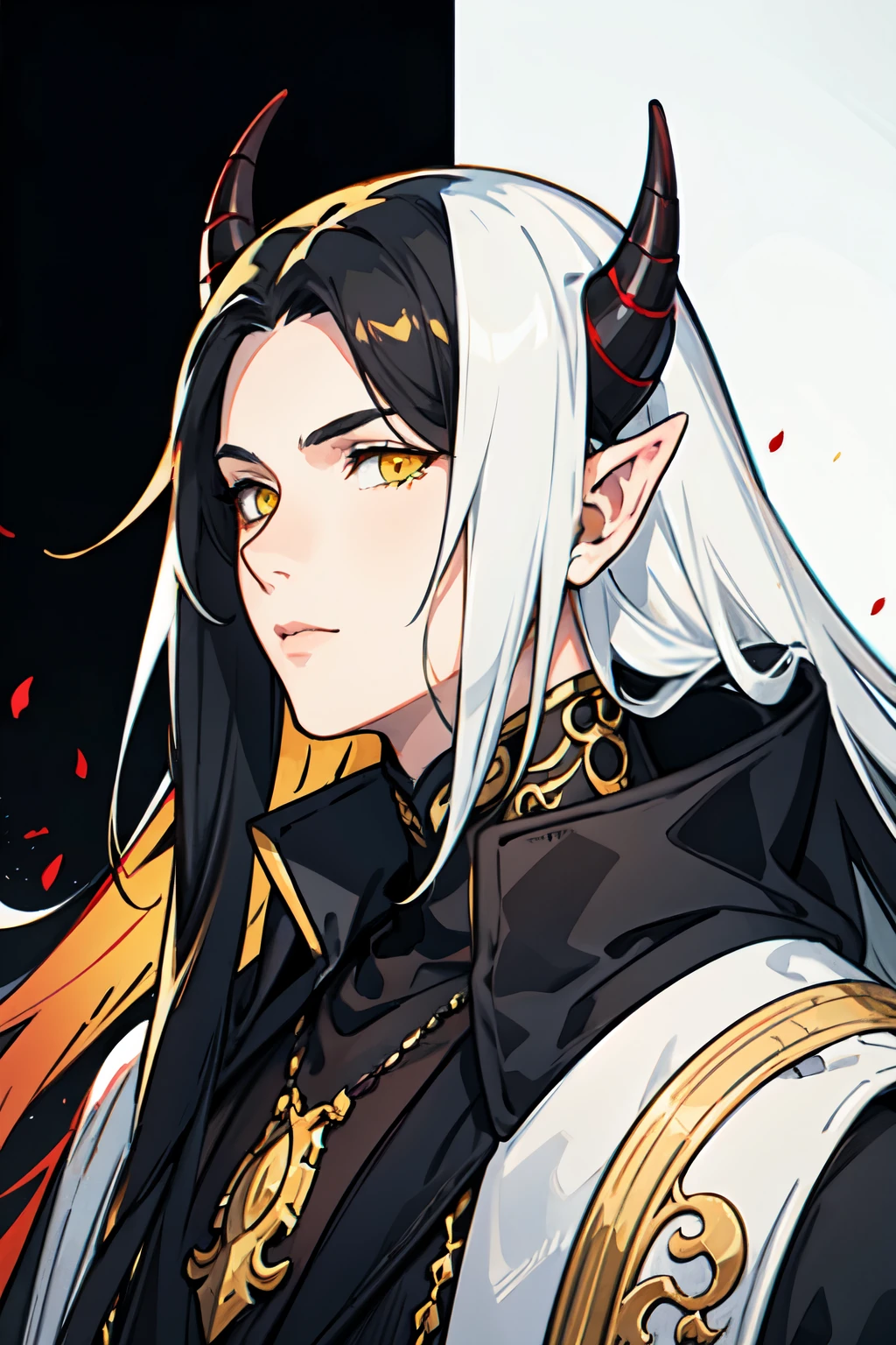 there is a drawing of a male tiefling with long black hair, dnd portrait of a tiefling, with red skin, handsome,  detailed high quality masterpiece, yellow eyes, straight vertical and tall black horns, plain background