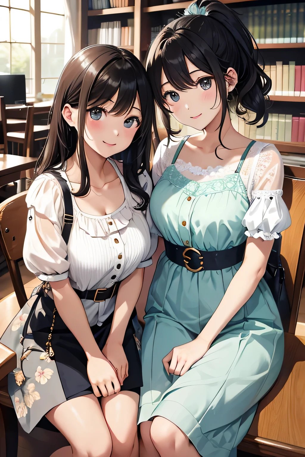 (highest quality:1.4)、(High resolution)、Detailed Background、(Beautiful face in every detail:1.4)、Anatomically correct、(Draw the usual number of fingers:1.2)、(Detailed facial expressions)、Beautiful, smooth skin、Girl in her twenties、(Huge breasts:1.2)、cute hair color、brown hair、Black Hair、ponytail、braided bob、Braided long hair、Realistic、Perfect body line、Calm atmosphere、Library Date、Elegant and cute、Feminine atmosphere、(Highly detailed face:1.4)、Cute gestures、(Show the upper body:1.2)、Looking at me with a big smile、Cowboy Shot、
(Two beautiful girls having a good time in the library:1.5)、
Visit the library with your partner or friends and find your favorite book、
Bring cute book covers and bookmarks and chat while choosing books.、Try reading together and have fun.、
It's also a good idea to take photos by a window or other cozy space in the library while you read.、
Try taking some cute photos with the library's beautiful architecture and bookshelves in the background.、
Using books and library props will add a cute touch to the atmosphere.、
🎁Sharing reading materials will also create a cute atmosphere.、
A situation where you can enjoy cute snacks at the library cafe or reading desk.、
cute cupcakes and macaroons、Bring a stylish teacup and enjoy your snack time.、
While strolling around the library with snacks、It's also nice to take cute photos.、
Choose a camisole with a colorful pattern or a bright color to create a refreshing summer look.、
Match wide pantake your feet look light and airy with sandals or slip-ons.、
Choose dresses with floral or lace detailark your waist with a belt or ribbon、Feminine silhouette、
Add some lightness to your feet with flats or sandals、
Wear a cute cardigan over a simple top、
Pair it with a midi-length flared or pleated skirt、
Pumps or shoes with heels will complete the look.、
Choose a jumpsuit with a loose fit、
Wear sneakers or white loafers for a casual and comfortable look.、
Long accessories and hats、cute
