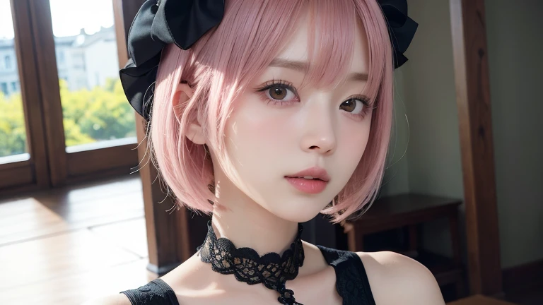 (Bob Cut Hair, Pink Hair:1.2),(wearing black Gothic Lolita clothes:1.2),1 girl,Japanese,21 years old,(Small breasts:1.3),(highest quality,masterpiece:1.3,超A high resolution,),(Ultra-detailed,Caustics),(Photorealistic:1.4,RAW shooting,)Ultra-Realistic Capture,Very detailed,High resolution 16K human skin close-up。 Natural skin texture、,Pores、、It needs to be detailed enough to be easily identifiable。 Skin should be even-toned and healthy looking。 Use natural light and colour, Sad expression, Looking at the camera, Perfect dynamic composition, Inside the church