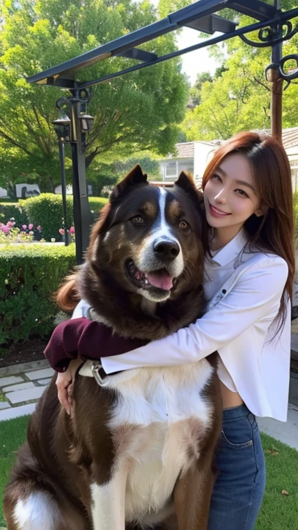 Chinese girl wearing a White sweatshirt,With the dog,White,Cute and clear,Samoyed, On the green lawn