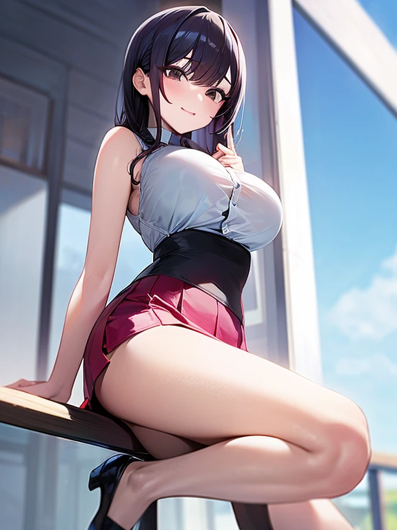 Asian girl with a lush bust dressed in a transparent tight blouse and a short skirt