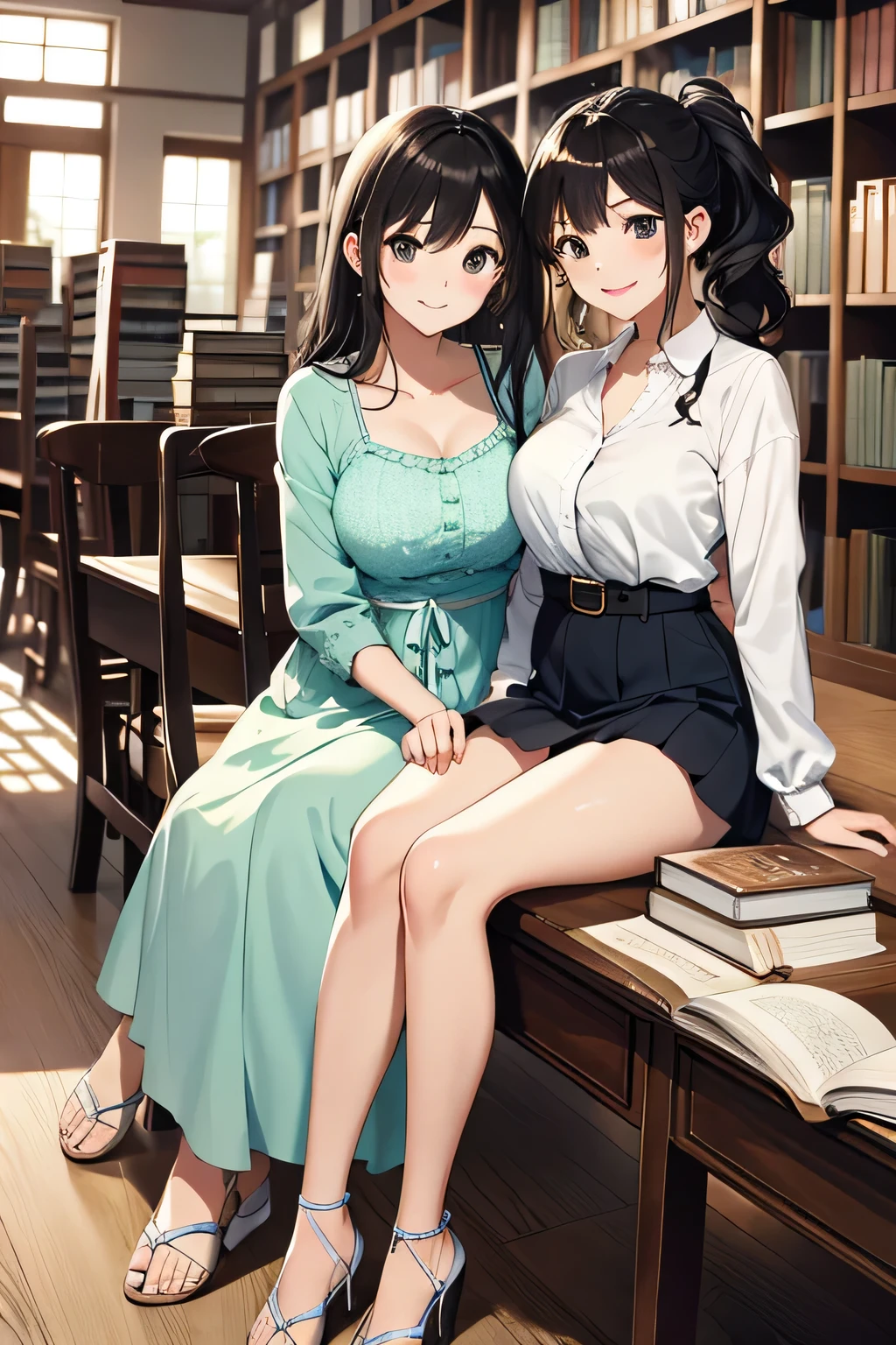 (highest quality:1.4)、(High resolution)、Detailed Background、(Beautiful face in every detail:1.4)、Anatomically correct、(Draw the usual number of fingers:1.2)、(Detailed facial expressions)、Beautiful, smooth skin、Girl in her twenties、(Huge breasts:1.2)、cute hair color、brown hair、Black Hair、ponytail、braided bob、Braided long hair、Realistic、Perfect body line、Calm atmosphere、Library Date、Elegant and cute、Feminine atmosphere、(Highly detailed face:1.4)、Cute gestures、(Show the upper body:1.2)、Looking at me with a big smile、Cowboy Shot、 

(Two beautiful girls having a good time in the library:1.5)、

Visit the library with your partner or friends and find your favorite book、
Bring cute book covers and bookmarks and chat while choosing books.、Try reading together and have fun.、
It&#39;s also a good idea to take photos by a window or other cozy space in the library while you read.、
Try taking some cute photos with the library&#39;s beautiful architecture and bookshelves in the background.、
Using books and library props will add a cute touch to the atmosphere.、
🎁Sharing reading materials will also create a cute atmosphere.、
A situation where you can enjoy cute snacks at the library cafe or reading desk.、
cute cupcakes and macaroons、Bring a stylish teacup and enjoy your snack time.、
While strolling around the library with snacks、It&#39;s also nice to take cute photos.、

Choose a camisole with a colorful pattern or a bright color to create a refreshing summer look.、
Match wide pantake your feet look light and airy with sandals or slip-ons.、
Choose dresses with floral or lace detailark your waist with a belt or ribbon、Feminine silhouette、
Add some lightness to your feet with flats or sandals、
Wear a cute cardigan over a simple top、
Pair it with a midi-length flared or pleated skirt、
Pumps or shoes with heels will complete the look.、
Choose a jumpsuit with a loose fit、
Wear sneakers or white loafers for a casual and comfortable look.、
Long accessories and hats、cute

