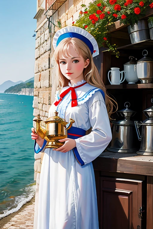 Russian girl in national costume with a samovar on the coast of Italy
