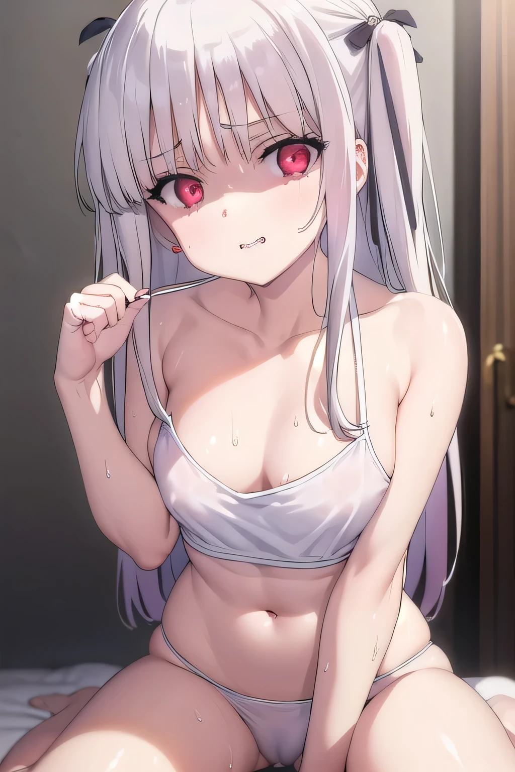 masterpiece, best quality, ultra-high-detailed, Disgusted face, white hair, red eyes, sigtuna julie , small breast, navel, ,Sweat, Warm body, hot body, A lot sweat , more sweat, hot temperature, room, sweating, looking to viewer, deep eyes , evil smile, Sweated a lot, warm room, full body shot, camisole, bare shoulder, crop top, cuttoffs