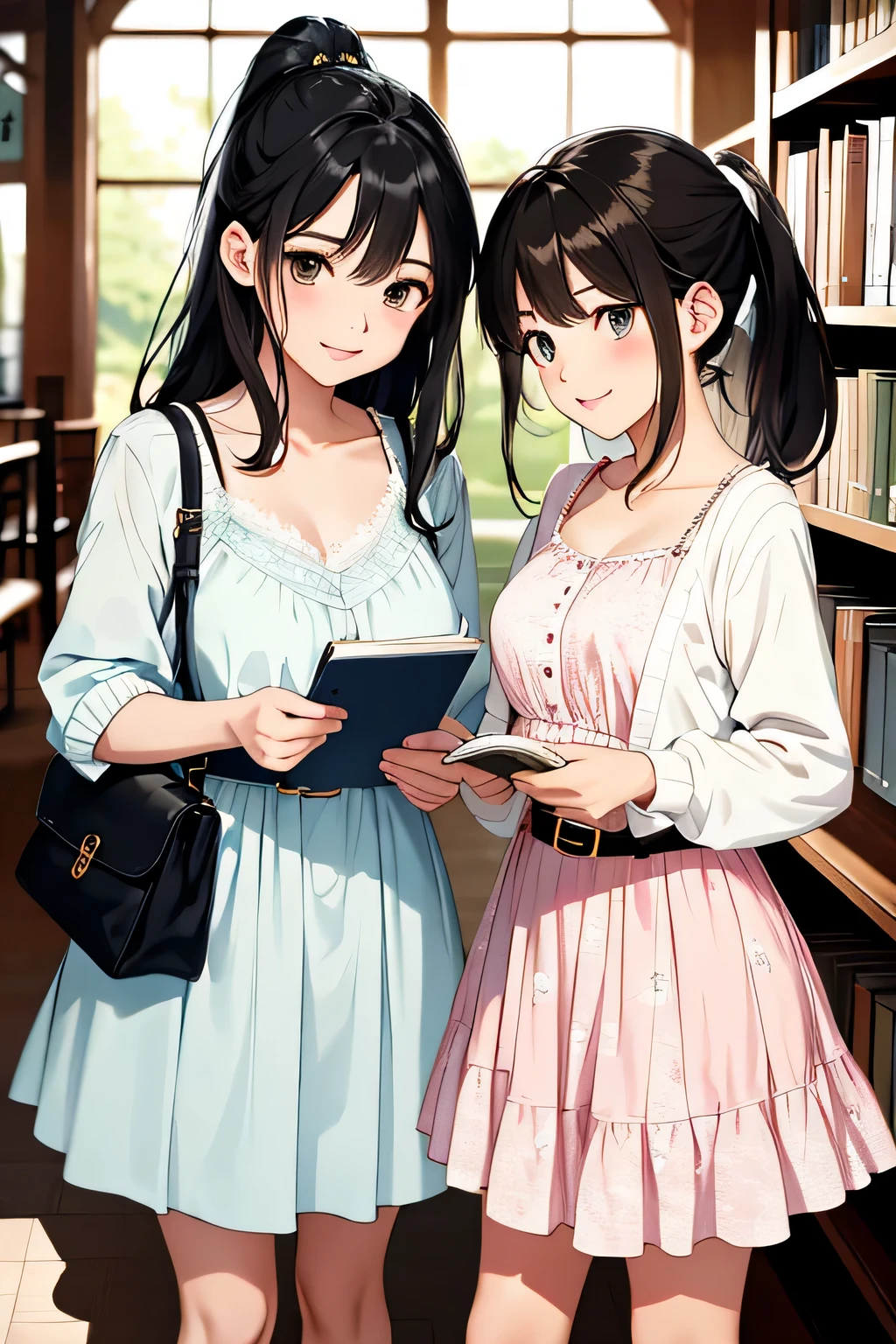 (highest quality:1.4)、(High resolution)、Detailed Background、(Beautiful face in every detail:1.4)、Anatomically correct、(Draw the usual number of fingers:1.2)、(Detailed facial expressions)、Beautiful, smooth skin、Girl in her twenties、(Huge breasts:1.2)、cute hair color、brown hair、Black Hair、ponytail、braided bob、Braided long hair、Realistic、Perfect body line、Calm atmosphere、Library Date、Elegant and cute、Feminine atmosphere、(Highly detailed face:1.4)、Cute gestures、(Show the upper body:1.2)、Looking at me with a big smile、Cowboy Shot、
(Two beautiful girls having a good time in the library:1.5)、
Visit the library with your partner or friends and find your favorite book、
Bring cute book covers and bookmarks and chat while choosing books.、Try reading together and have fun.、
It's also a good idea to take photos by a window or other cozy space in the library while you read.、
Try taking some cute photos with the library's beautiful architecture and bookshelves in the background.、
Using books and library props will add a cute touch to the atmosphere.、
🎁Sharing reading materials will also create a cute atmosphere.、
A situation where you can enjoy cute snacks at the library cafe or reading desk.、
cute cupcakes and macaroons、Bring a stylish teacup and enjoy your snack time.、
While strolling around the library with snacks、It's also nice to take cute photos.、
Choose a camisole with a colorful pattern or a bright color to create a refreshing summer look.、
Match wide pantake your feet look light and airy with sandals or slip-ons.、
Choose dresses with floral or lace detailark your waist with a belt or ribbon、Feminine silhouette、
Add some lightness to your feet with flats or sandals、
Wear a cute cardigan over a simple top、
Pair it with a midi-length flared or pleated skirt、
Pumps or shoes with heels will complete the look.、
Choose a jumpsuit with a loose fit、
Wear sneakers or white loafers for a casual and comfortable look.、
Long accessories and hats、cute