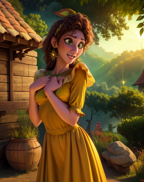 paper,green eyes,Brown hair,hair,earrings, standing, village,Sun Ray,happy, (insanely detailed, beautiful detailed face, masterpiece, Best quality), sexy, small breasts, hands on chest, full length