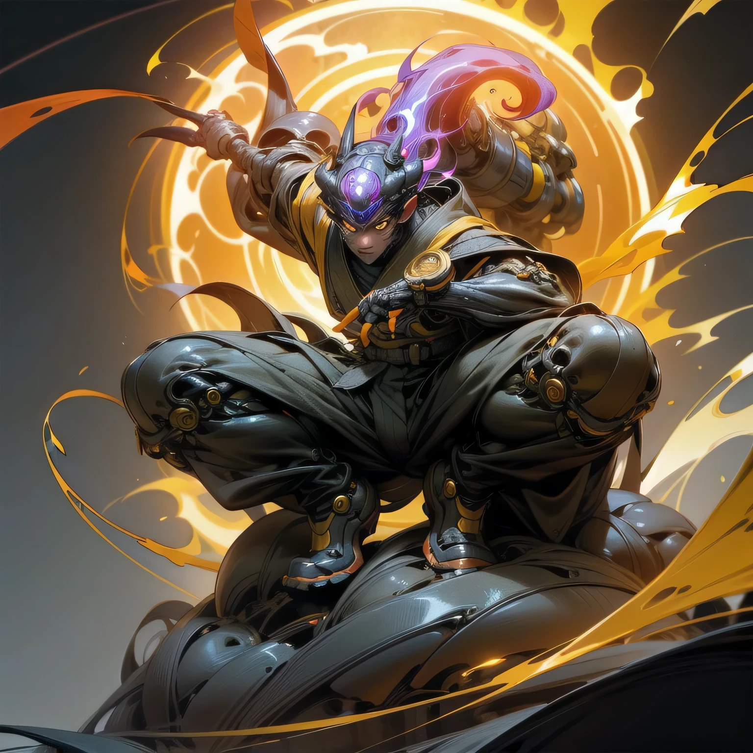 Dark Fantasy, Cyberpunk, (glossy vibrant image, rendering effect, anthropomorphic, hippopotamus, yellow kung fu outfit, recursive sphere of fire vortex swirl, vision loop, intricate detail, angry pose, octane render):
In this captivating Cyberpunk image, an anthropomorphic hippopotamus dons a gleaming, vibrant yellow kung fu outfit. He clutches a recursive sphere of fire vortex, the swirling flames casting an intense glow around him. A vision loop distorts the background, creating a surreal, dream-like effect. The intricate detail of the hippopotam