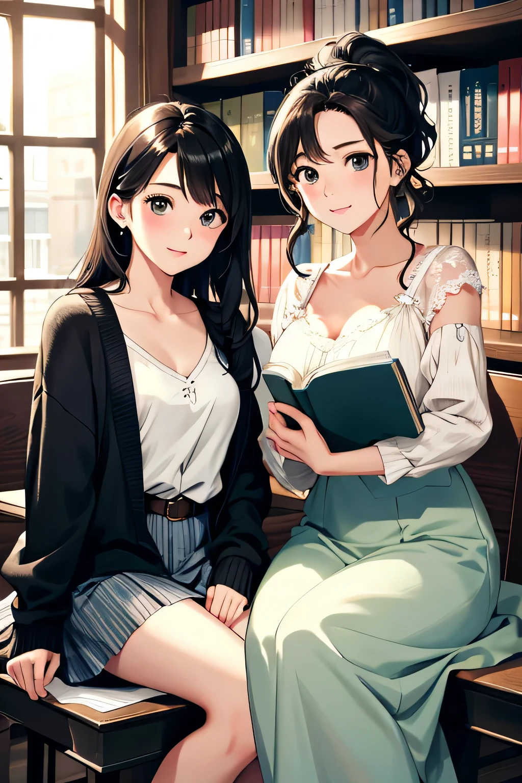 glad, woman, masterpiece, upper body, beautiful, in the library