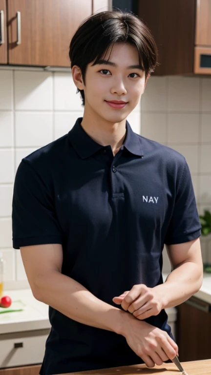 1 man, smile, (Wear a navy polo shirt.: 1.3), round neck, short sleeve shirt), Camouflage pants ,Japanese young man, (High gloss details), , Broad shoulders, looking at the audience, Balancing the eyes, (Make eye contact),(in the kitchen: 1.3)