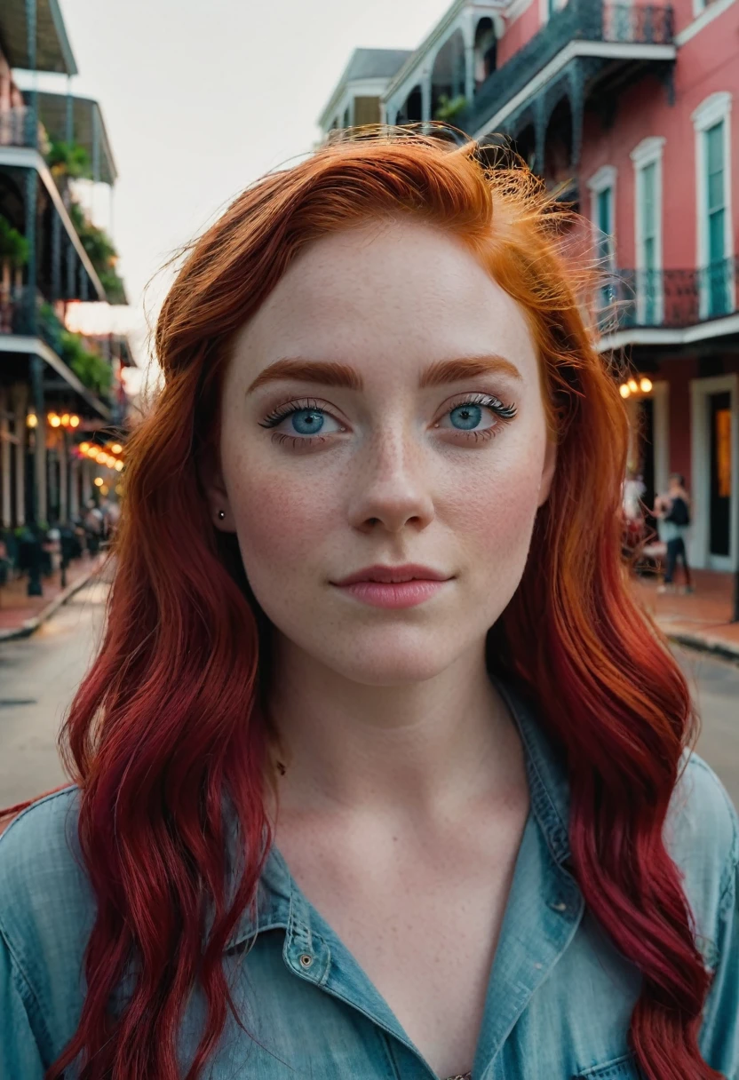 Cinematic, realistic, close-up, cinematic documentary of a 22-year-old woman with vibrant red hair and eyes the hue of twilight, embracing the lively spirit of New Orleans, Louisiana, the city’s music and history resonating with her adventurous heart, shot with a Canon EOS R -