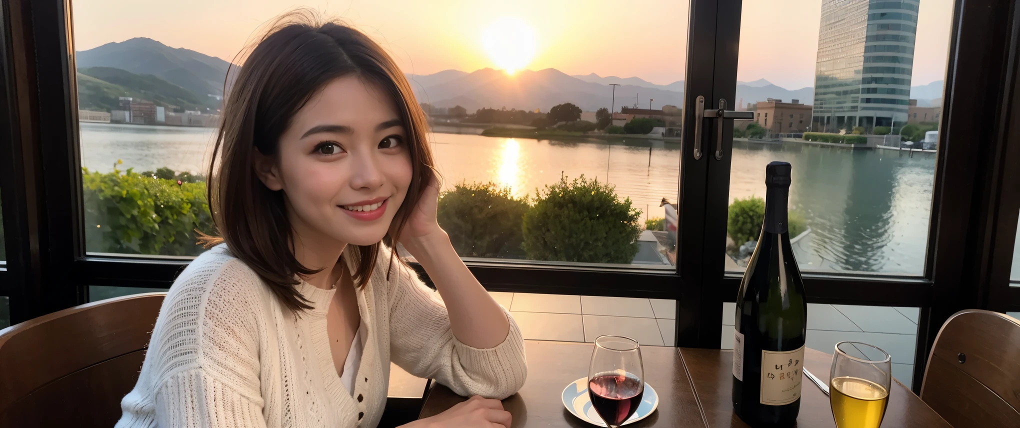 ((highest quality、8k、masterpiece:1.3))、Sharp focus:1.2、Beautiful woman perfect body:1.4、slimなボディ、((Bob Hale、Straight hair:1.2))、(to be born, highest quality, masterpiece:1.5), (Realistic, Intricate details:1.2), Ultra-high resolution, Put the light on your face、Spectacular view of the sunset sky and clouds、Amazing mountain views、ニコニコ明るいsmile、wine glass、red wine 、Appetizer、Italian food、Wine bottle、Champagne、sparkling wine、, Beautiful Face, blue eyes, The light shines on your face, Blushing, short hair,Bright Face、Fox face、 (42 years old), 40 years old, Lady、Two beauties、brown hair、Shortcuts、Long sleeve shirt、dress、Pretty Woman 1, (slimな顔), (The body is slim), (brown hair), (Shortcuts), cheeks turn a little red,Attractive beauty、, Out of the window, A beautiful and detailed night view unfolds.........., restaurant, In a prominent place (From the waist up) Nova Frog Style, actress, model, Upper Body, White wine, slim, wine glass, 真ん中に置かれたwine glass, smile, (smile: 1.15), Beautiful fine grain, Depth f/2,saturation, High Contrast, Strong light and shadow,Moist Body:1.5、3D texture、Delicate eyes、brown hair、The hair is very shiny、