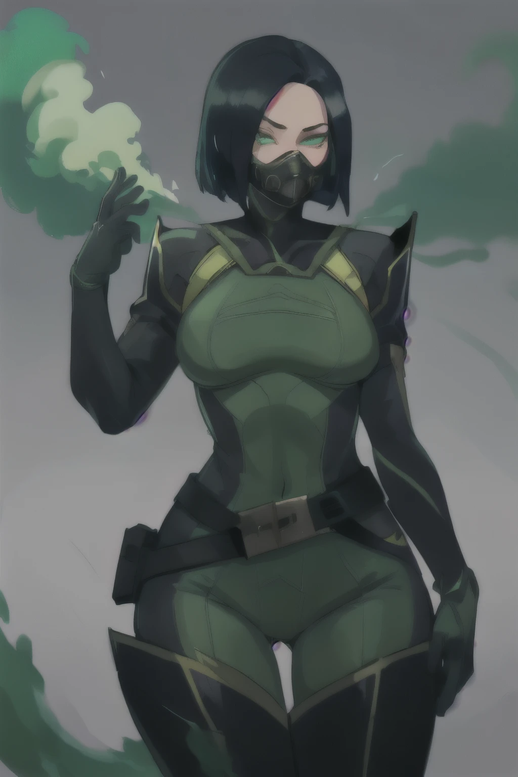 masterpiece, Best quality, доблестьViper, bodysuit, gloves, belt, thigh high boots, respirator, I look at the viewer, Face, portrait, Close-up, Brilliant eyes, Green Smoke, Black background