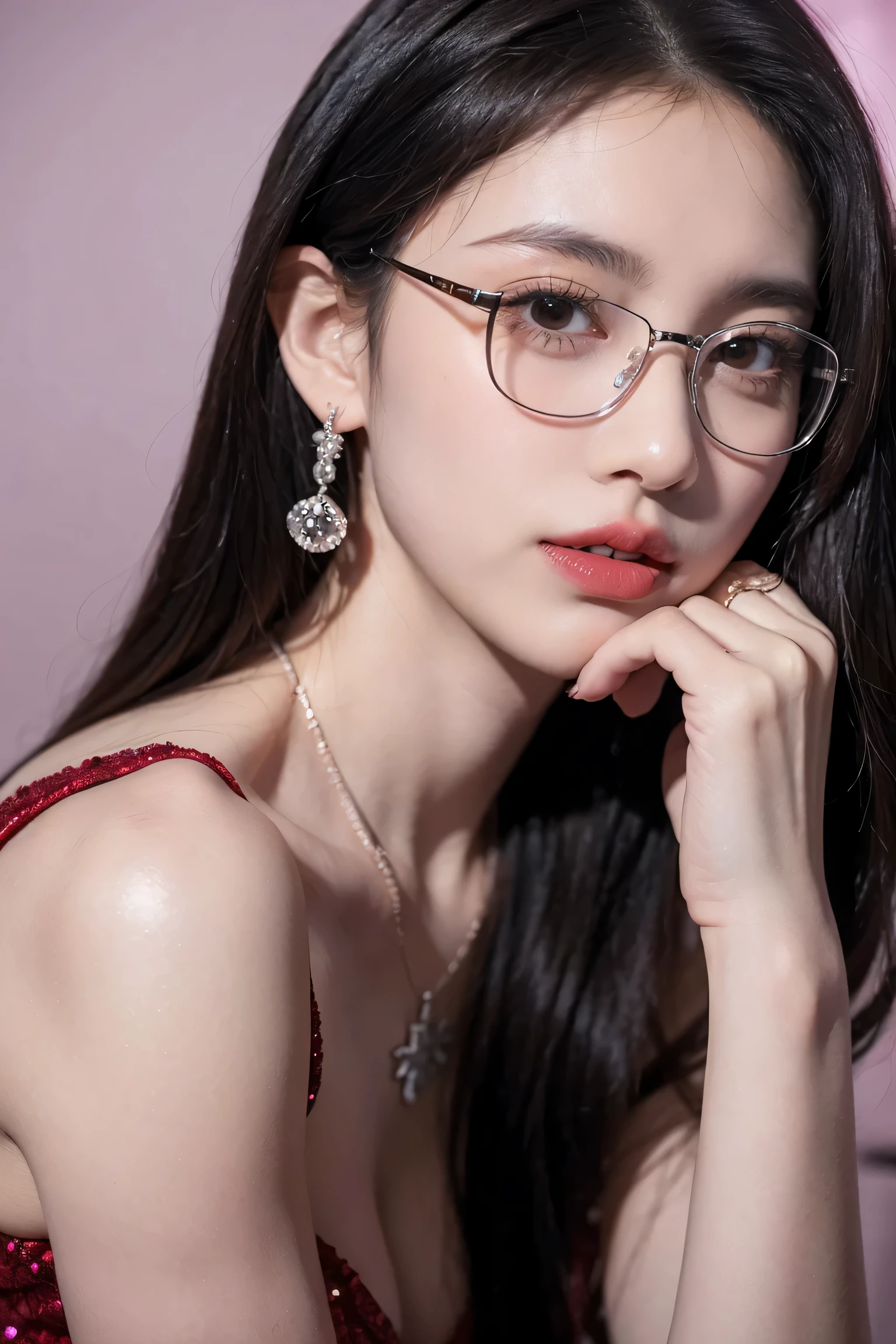 Top CG, Highest image quality, masterpiece, Gentle and beautiful girl, (185cm美女), (fit), Imperial sister, Queen temperament, White skin, ((Long legs)), perfect facial features, Bright Eyes, Seductive pose, Red lips, Beautiful and cold (A major breakthrough)), Beautiful and heroic, Soft and long hair, Glittering, Lace, net, Visible through clear skin, wear glasses, diamond earrings, ruby neckLace, (Purple evening dress), 8K Image Quality, (Realistic Portraits), Characters fill the screen, (Facial lighting), ((eternal)