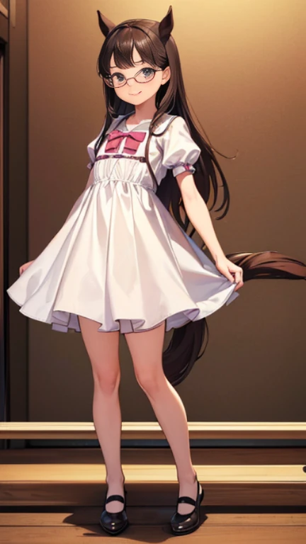 ((masterpiece)),((highest quality)),((Anatomical)),((Realistic)),((Detailed Description)),((cute)),((((Health Room)))),(((One Horse Girl))),(((Beautiful eyes))),(((Baby Face))),(((Petite))),((Bewitching Smile)),(((Victory server))),(((Glasses))),Full body view,