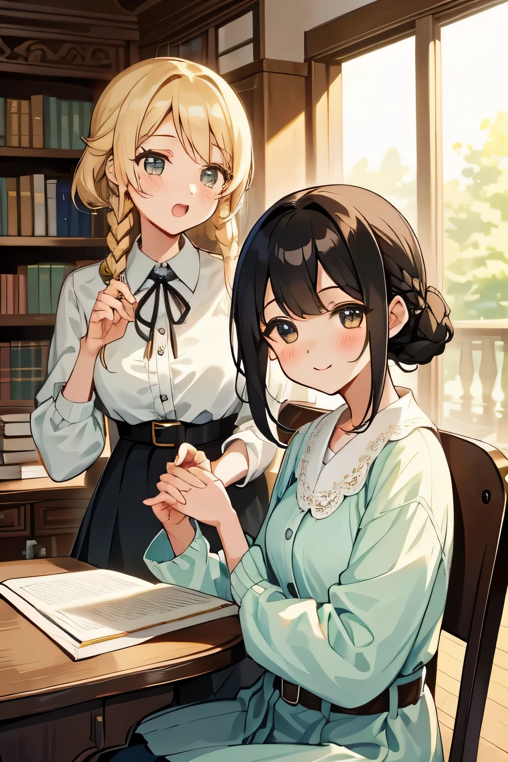 (highest quality:1.4)、(High resolution)、Detailed Background、(Beautiful face in every detail:1.4)、Anatomically correct、(Draw the usual number of fingers:1.2)、(Detailed facial expressions)、Beautiful, smooth skin、Girl in her twenties、(Huge breasts:1.2)、cute hair color、brown hair、Black Hair、ponytail、braided bob、Braided long hair、Realistic、Perfect body line、Calm atmosphere、Library Date、Elegant and cute、Feminine atmosphere、(Highly detailed face:1.4)、Cute gestures、(Show the upper body:1.2)、Looking at me with a big smile、Cowboy Shot、
(Two beautiful girls having a good time in the library:1.5)、
Visit the library with your partner or friends and find your favorite book、
Bring cute book covers and bookmarks and chat while choosing books.、Try reading together and have fun.、
It's also a good idea to take photos by a window or other cozy space in the library while you read.、
Try taking some cute photos with the library's beautiful architecture and bookshelves in the background.、
Using books and library props will add a cute touch to the atmosphere.、
🎁Sharing reading materials will also create a cute atmosphere.、
A situation where you can enjoy cute snacks at the library cafe or reading desk.、
cute cupcakes and macaroons、Bring a stylish teacup and enjoy your snack time.、
While strolling around the library with snacks、It's also nice to take cute photos.、
Choose a camisole with a colorful pattern or a bright color to create a refreshing summer look.、
Match wide pantake your feet look light and airy with sandals or slip-ons.、
Choose dresses with floral or lace detailark your waist with a belt or ribbon、Feminine silhouette、
Add some lightness to your feet with flats or sandals、
Wear a cute cardigan over a simple top、
Pair it with a midi-length flared or pleated skirt、
Pumps or shoes with heels will complete the look.、
Choose a jumpsuit with a loose fit、
Wear sneakers or white loafers for a casual and comfortable look.、
Long accessories and hats、cute