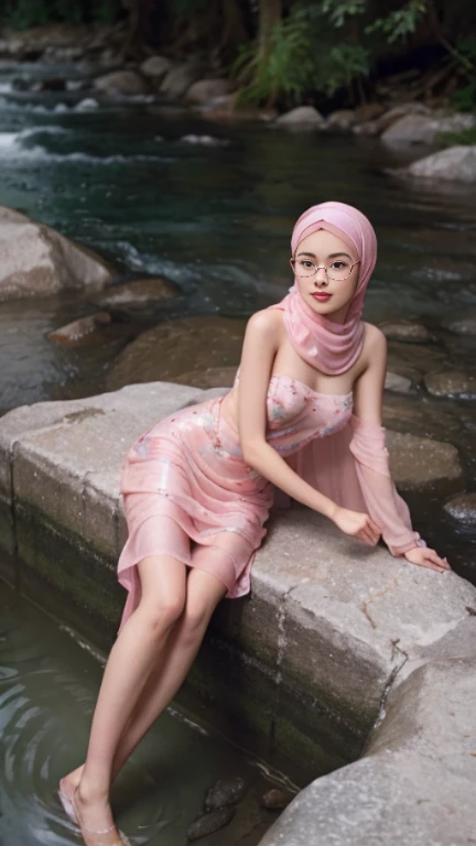 top Quority,Ultra-clear resolution, ((Cute girl , with a pink hijab)). Body. Sexy. Slim. Thin. Captivating, ((Wearing glasses)), Make-up face, pink lipstick, ((hijabi)),
((Wet Strapless tube mini batik dress, showing half Nude Breasts, showing nipples)). long legs_full body. Pose erotic. Sit down. On the rocks. bathe in the river