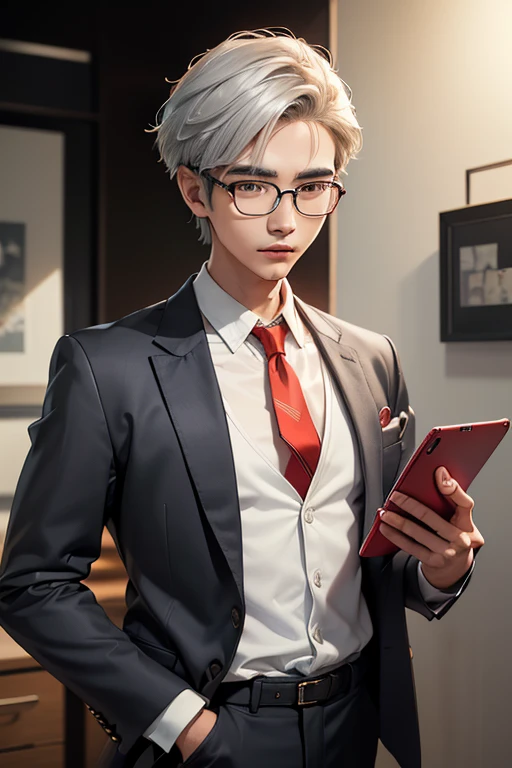 Korean man in his 20s with an intellectual aura

wears thin-framed silver glasses

Sharp features and neat hairstyle
Smart casual suit jacket with white shirt and red tie
Holding a tablet in his hand, he faces the front with a calm expression.
Sending me a captivating gaze
The background is a single color