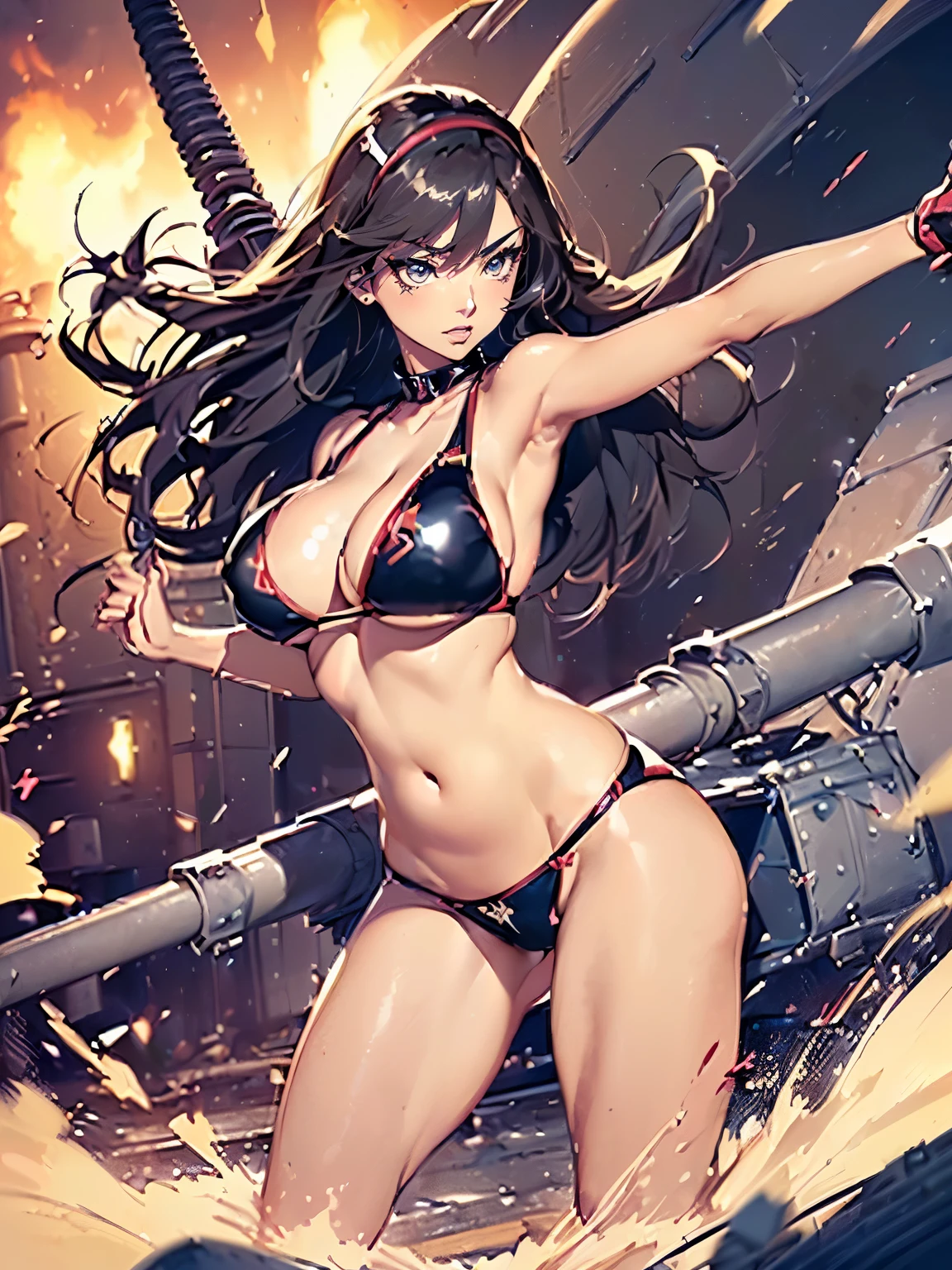((1 lady))、ultra-detailliert, Top image quality, digitial illustration, Seductive Anime Girl, Glossy realistic skin texture、Meticulously drawn hair, Meticulously drawn eye, Sharp Focus, Precise human body structure、Smooth texture、((Combative posing:1.5))、((Holding a big Heavy artillery:1.6))、((bazooka and gatling gun and rocket launcher))、((dynamism:1.3))、((dynamic angle:1.2))、((Being in battle field:1.2))、seductive smile、((latex micro bikini:1.3 crop top:1.3))、((sleeveless))、((cleavage:1.3))、((crop top navel))、((highleg:1.3))、((huge breasts:1.3))、((huge hip:1.3))、((thick thighs))、curvy、((collarbone))、((cameltoe))、Full body