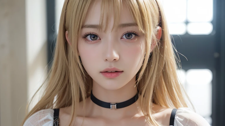 (long cut hair, Blonde Hair, bangs:1.2),(Wearing a choker, Wearing a blouse:1.2),1 girl,Japanese,28 years old,(Small breasts:1.3),(highest quality,masterpiece:1.3,超A high resolution,),(Ultra-detailed,Caustics),(Photorealistic:1.4,RAW shooting,)Ultra-Realistic Capture,Very detailed,High resolution 16K human skin close-up。 Natural skin texture、,Pores、、It needs to be detailed enough to be easily identifiable。 Skin should be even-toned and healthy looking。 Use natural light and colour, Sad expression, Looking at the camera, Perfect dynamic composition, Inside the church