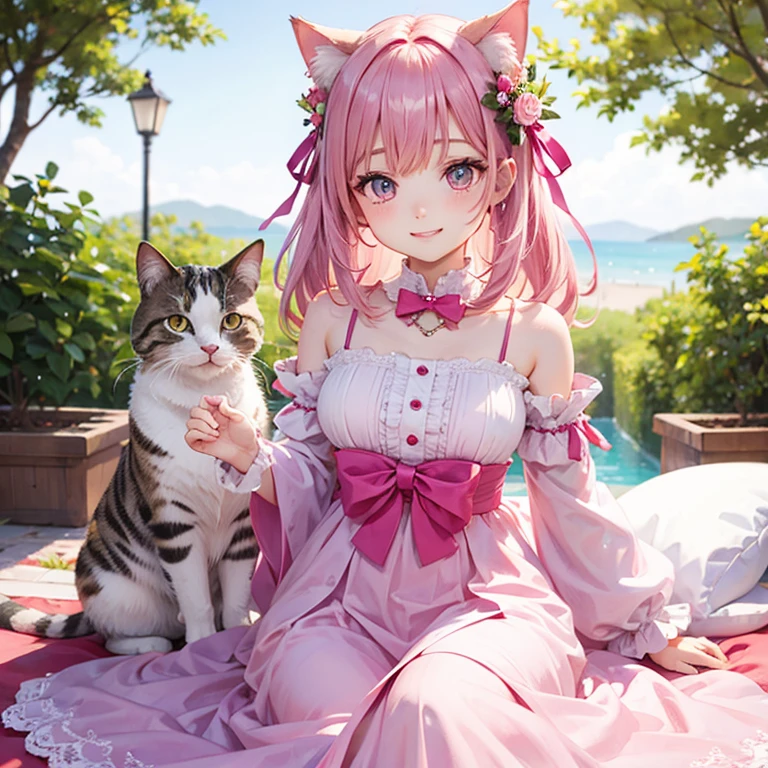 Sea side cottage in the afternoon,Cute pink long hair girl,sitting down on the floor,Wear a black bow tie,cat ear,JK,white stockings