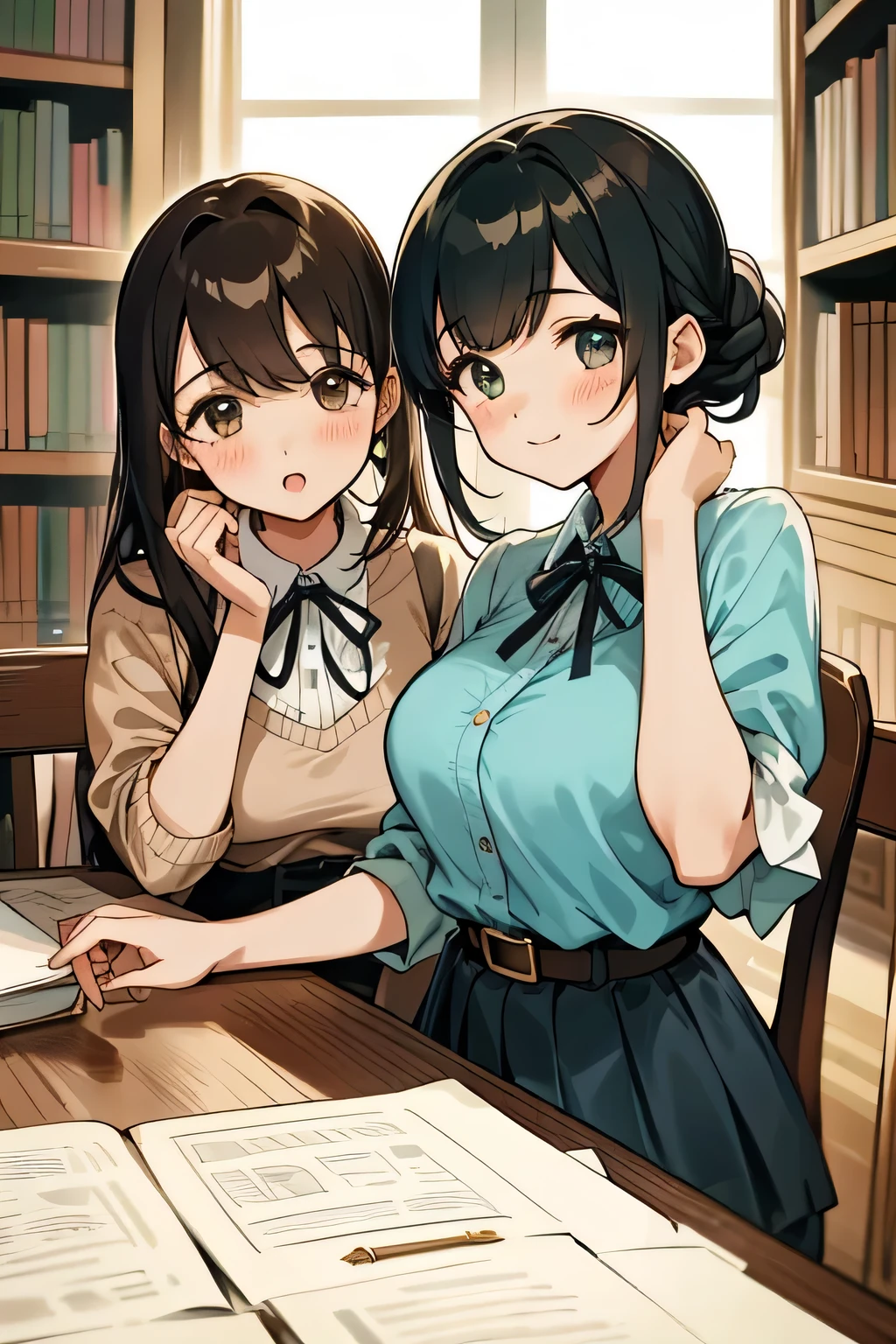 glad, woman, masterpiece, upper body, beautiful, in the library