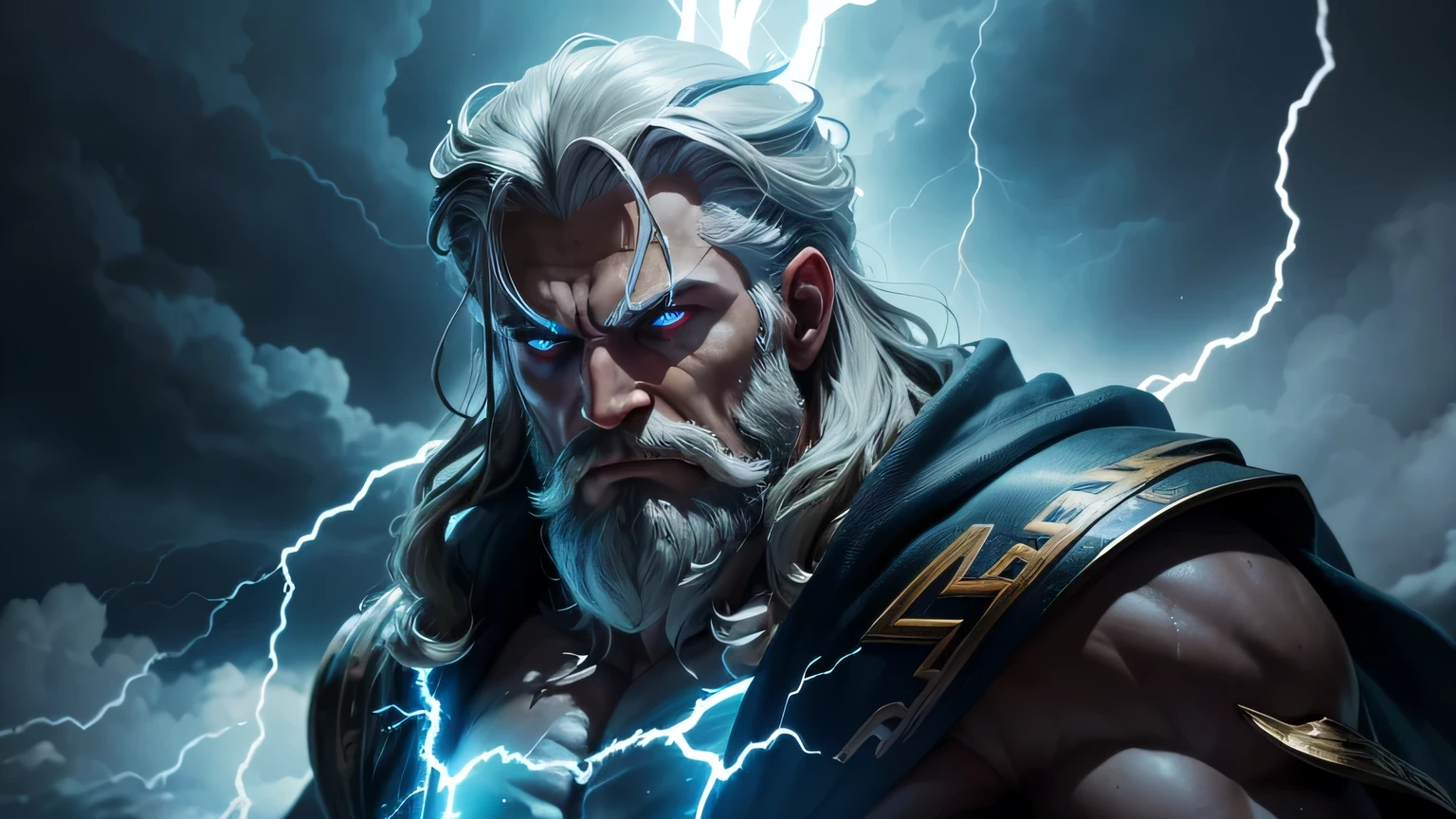 Zeus, draped in storm clouds, his eyes crackling with power, hurls a thunderbolt from atop Mount Olympus. The earth trembles beneath his wrath, illuminating the scene with a fleeting, celestial blaze.