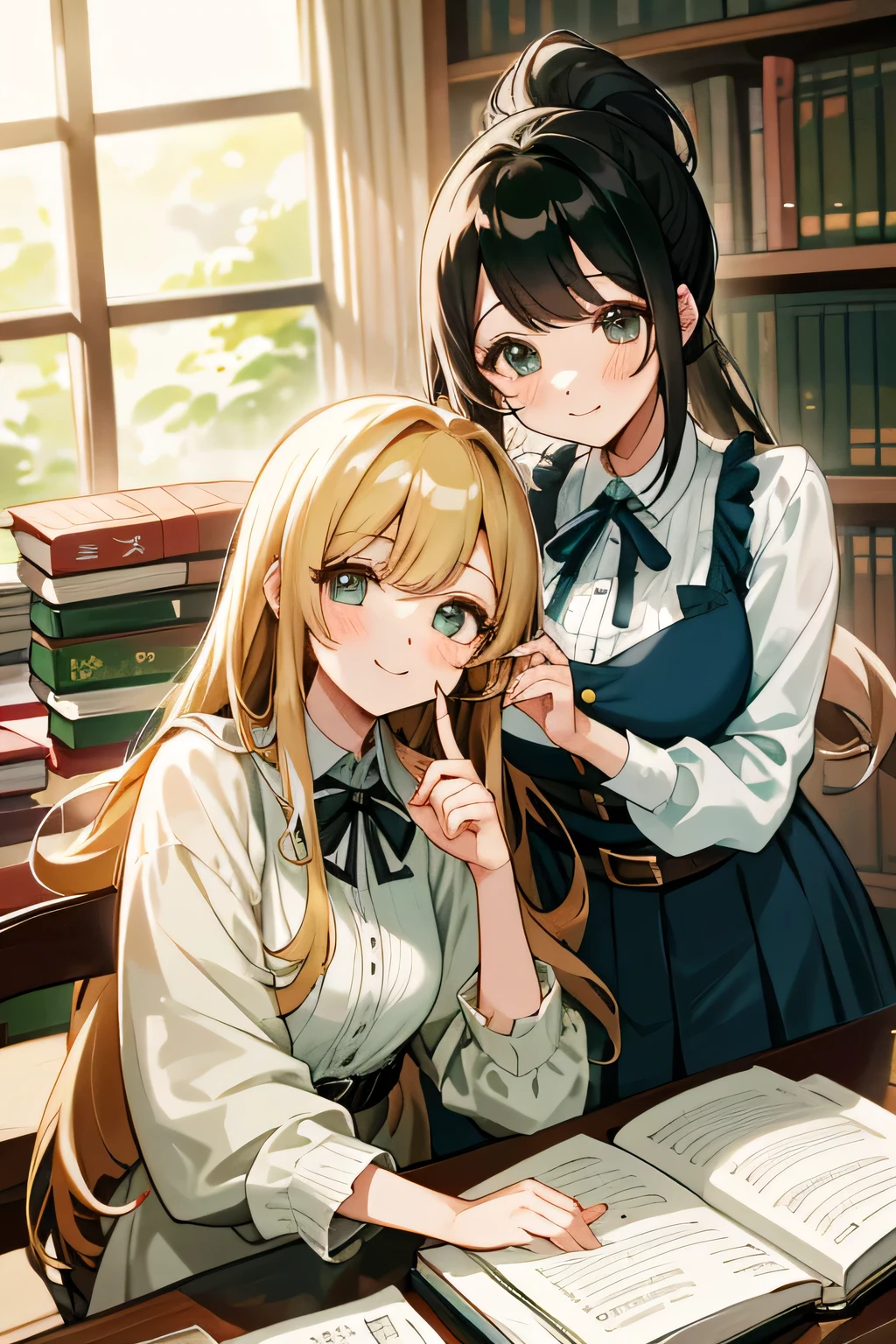 (highest quality:1.4)、(High resolution)、Detailed Background、(Beautiful face in every detail:1.4)、Anatomically correct、(Draw the usual number of fingers:1.2)、(Detailed facial expressions)、Beautiful, smooth skin、Girl in her twenties、(Huge breasts:1.2)、cute hair color、brown hair、Black Hair、ponytail、braided bob、Braided long hair、Realistic、Perfect body line、Calm atmosphere、Library Date、Elegant and cute、Feminine atmosphere、(Highly detailed face:1.4)、Cute gestures、(Show the upper body:1.2)、Looking at me with a big smile、Cowboy Shot、
(Two beautiful girls having a good time in the library:1.5)、
Visit the library with your partner or friends and find your favorite book、
Bring cute book covers and bookmarks and chat while choosing books.、Try reading together and have fun.、
It's also a good idea to take photos by a window or other cozy space in the library while you read.、
Try taking some cute photos with the library's beautiful architecture and bookshelves in the background.、
Using books and library props will add a cute touch to the atmosphere.、
🎁Sharing reading materials will also create a cute atmosphere.、
A situation where you can enjoy cute snacks at the library cafe or reading desk.、
cute cupcakes and macaroons、Bring a stylish teacup and enjoy your snack time.、
While strolling around the library with snacks、It's also nice to take cute photos.、
Choose a camisole with a colorful pattern or a bright color to create a refreshing summer look.、
Match wide pantake your feet look light and airy with sandals or slip-ons.、
Choose dresses with floral or lace detailark your waist with a belt or ribbon、Feminine silhouette、
Add some lightness to your feet with flats or sandals、
Wear a cute cardigan over a simple top、
Pair it with a midi-length flared or pleated skirt、
Pumps or shoes with heels will complete the look.、
Choose a jumpsuit with a loose fit、
Wear sneakers or white loafers for a casual and comfortable look.、
Long accessories and hats、cute