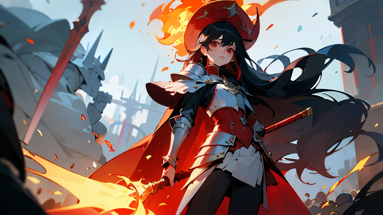 ((best quality)), ((masterpiece)), (detailed), perfect face
1 girl
ruby red eyes emitting light and long black hair
cape and hat
red Mage armor
magic staff and sword enchanted with fire
fire aura emitting form her
standing in battlefield slaying enemies 