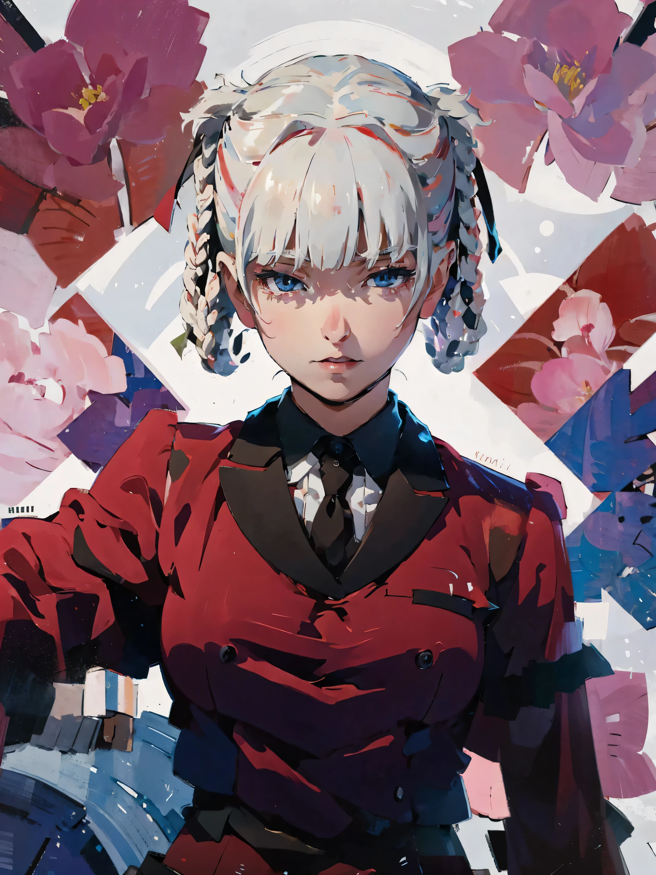 Designed by nty, woman, Professional T-shirt design vector,ashes, 8k, Ultra HD, White hair girl standing, , Photographed from a distance, (big eyes, The eyes are delicate and beautiful, Beautiful and delicate face, Facial details), Red rose bush,, Blink , White background, Intricate details, Color Background, Abstract,Concept map,Paint dripping,Oil painting style,1 girl,Solitary,Baise shirt,Red blazer,