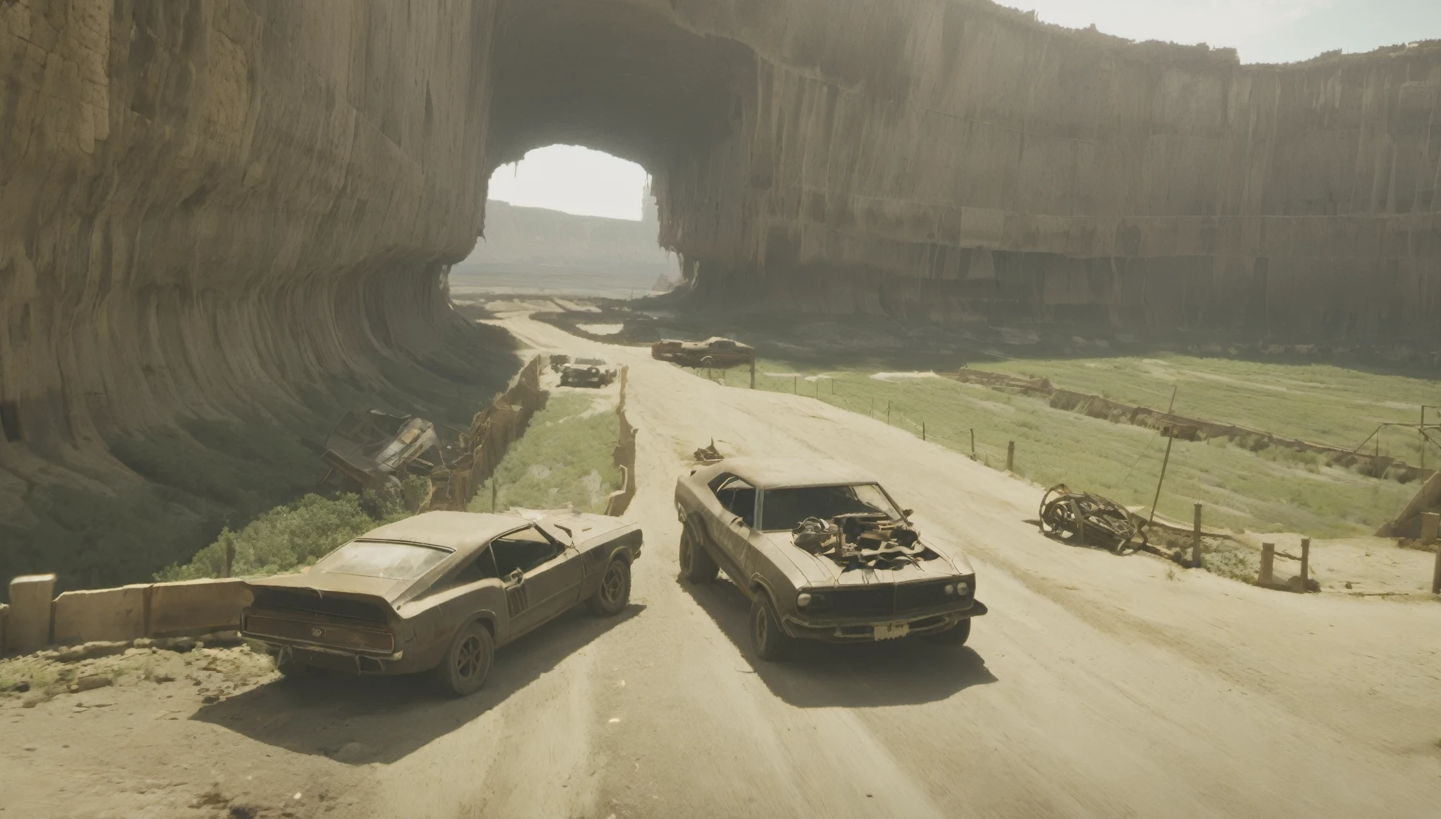Breathtaking graphics from the Attack on Titan universe, filming of various epic empty tracks for racing along the tops of the canyon along abandoned industrial post-apocalyptic canals in small cars from Mad Max against the backdrop of wastelands and canyons near industrial enterprises, creating an impression, that orcs live in this place, Deadly car traps set up on highways,  breathtaking scenery, and impressive lighting effects, that create impressive visual experiences, cars eat very far, (((route through abandoned orc caves)))