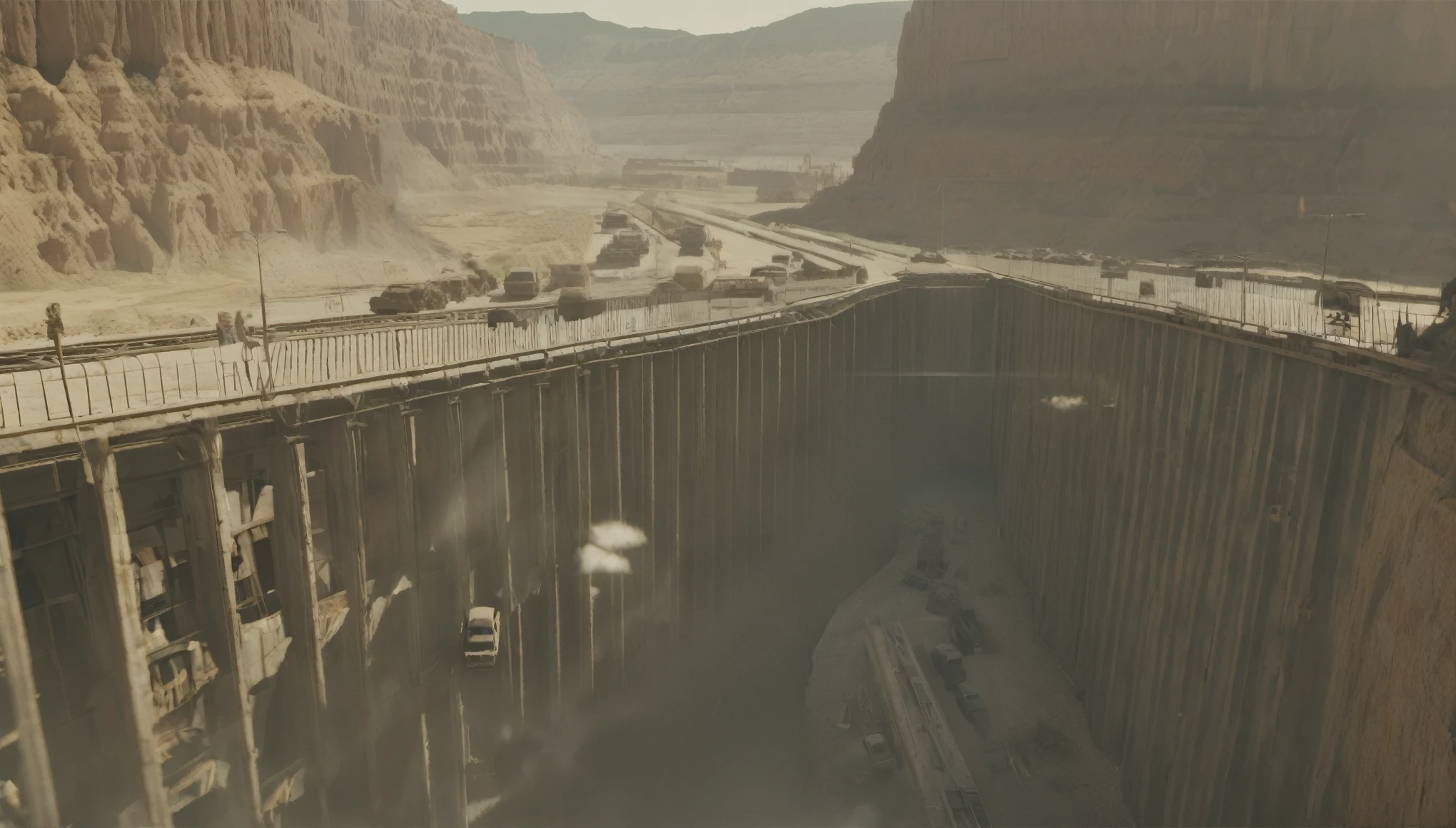 Breathtaking graphics from the Attack on Titan universe, filming of various epic empty tracks for racing along the tops of the canyon along abandoned industrial post-apocalyptic canals in small cars from Mad Max against the backdrop of wastelands and canyons near industrial enterprises, creating an impression, that orcs live in this place, Deadly car traps set up on highways, breathtaking scenery, and impressive lighting effects, that create impressive visual experiences, cars eat very far.
