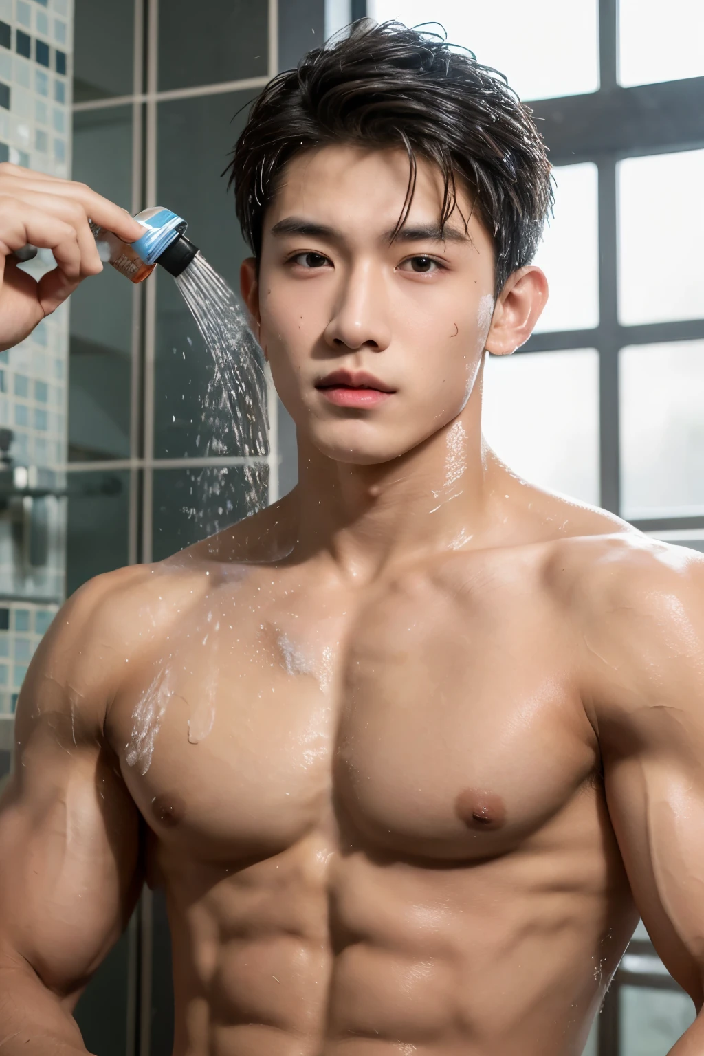 (masterpiece:1.2), 18-year-old boy, Asian, detailed face, muscular body build, taking a shower, nude, penis, various poses, shy expression, bashful expression, ultra-detailed, realistic, portraits, vibrant colors, studio lighting