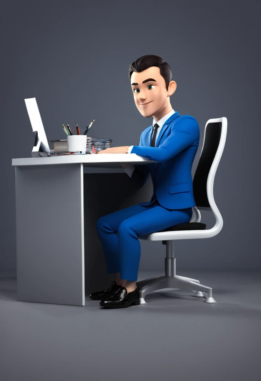 3D character sitting at a desk